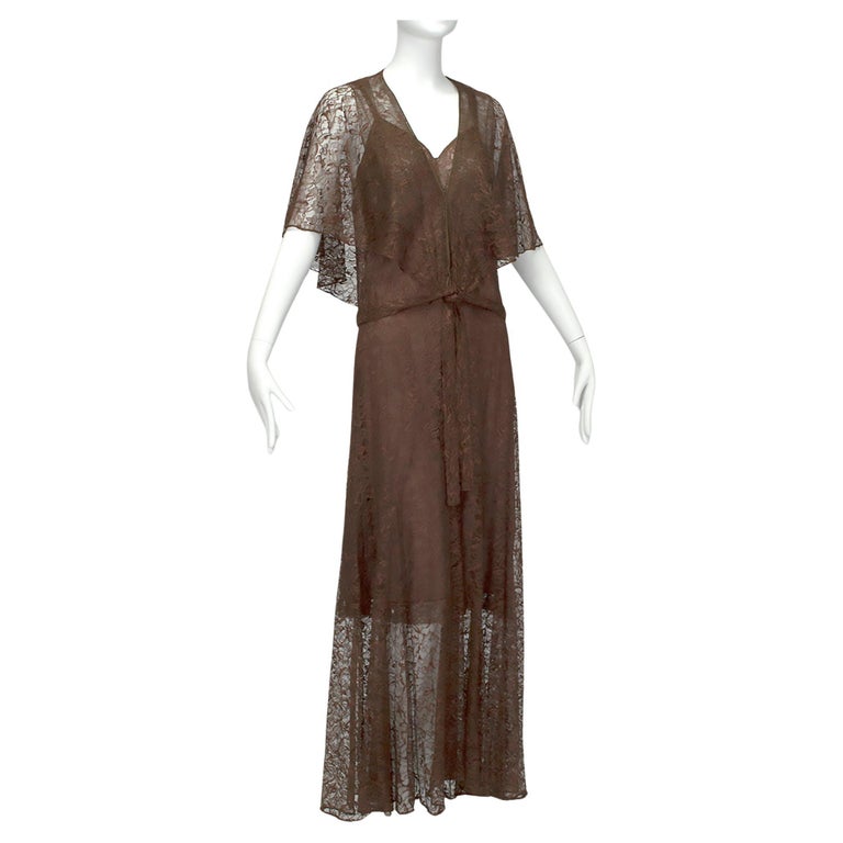 Plunging Brown Lace Hollywood Regency Capelet Gown And Slip - M, 1930s