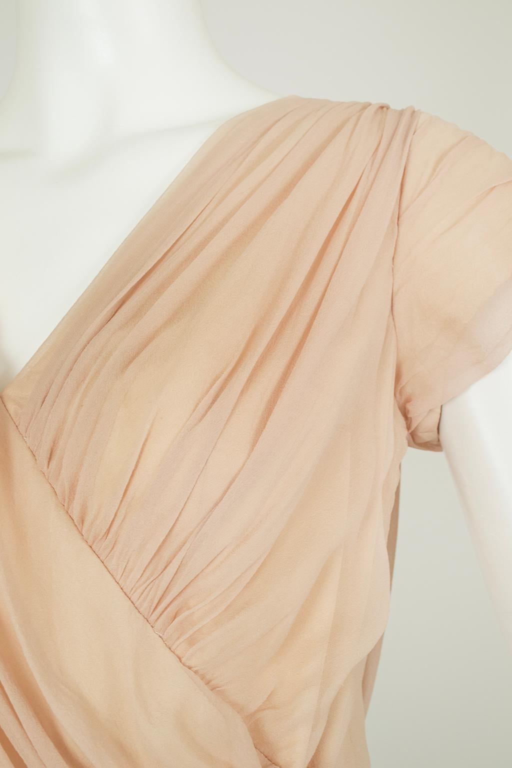 Plunging Buff Silk Chiffon Nude Dressing Cocktail Dress – XS - S, 1950s For Sale 5