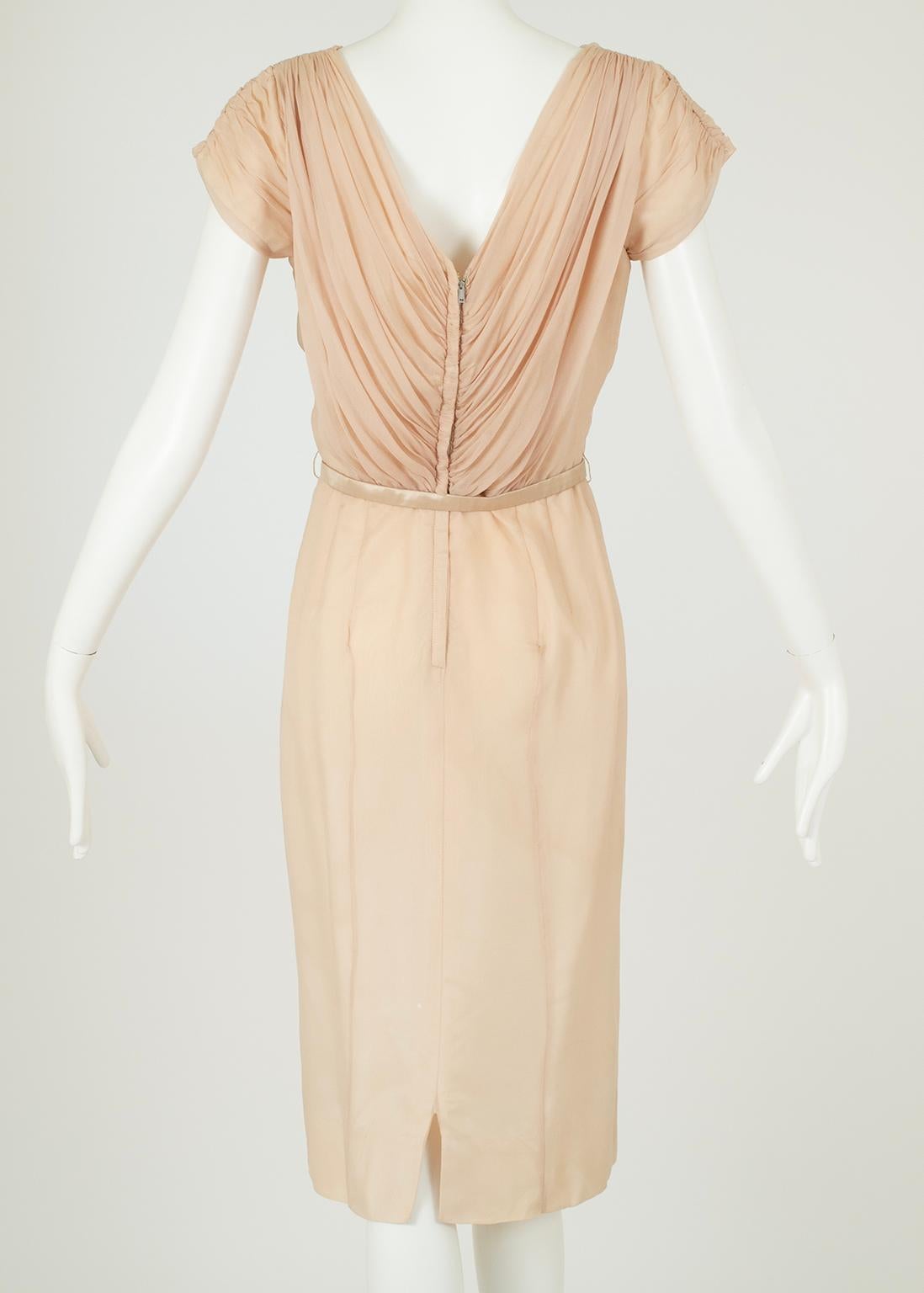 Beige Plunging Buff Silk Chiffon Nude Dressing Cocktail Dress – XS - S, 1950s For Sale