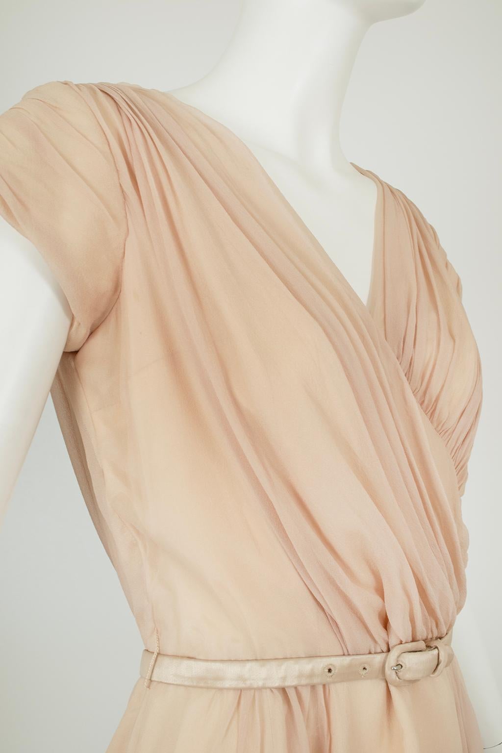 Women's Plunging Buff Silk Chiffon Nude Dressing Cocktail Dress – XS - S, 1950s For Sale