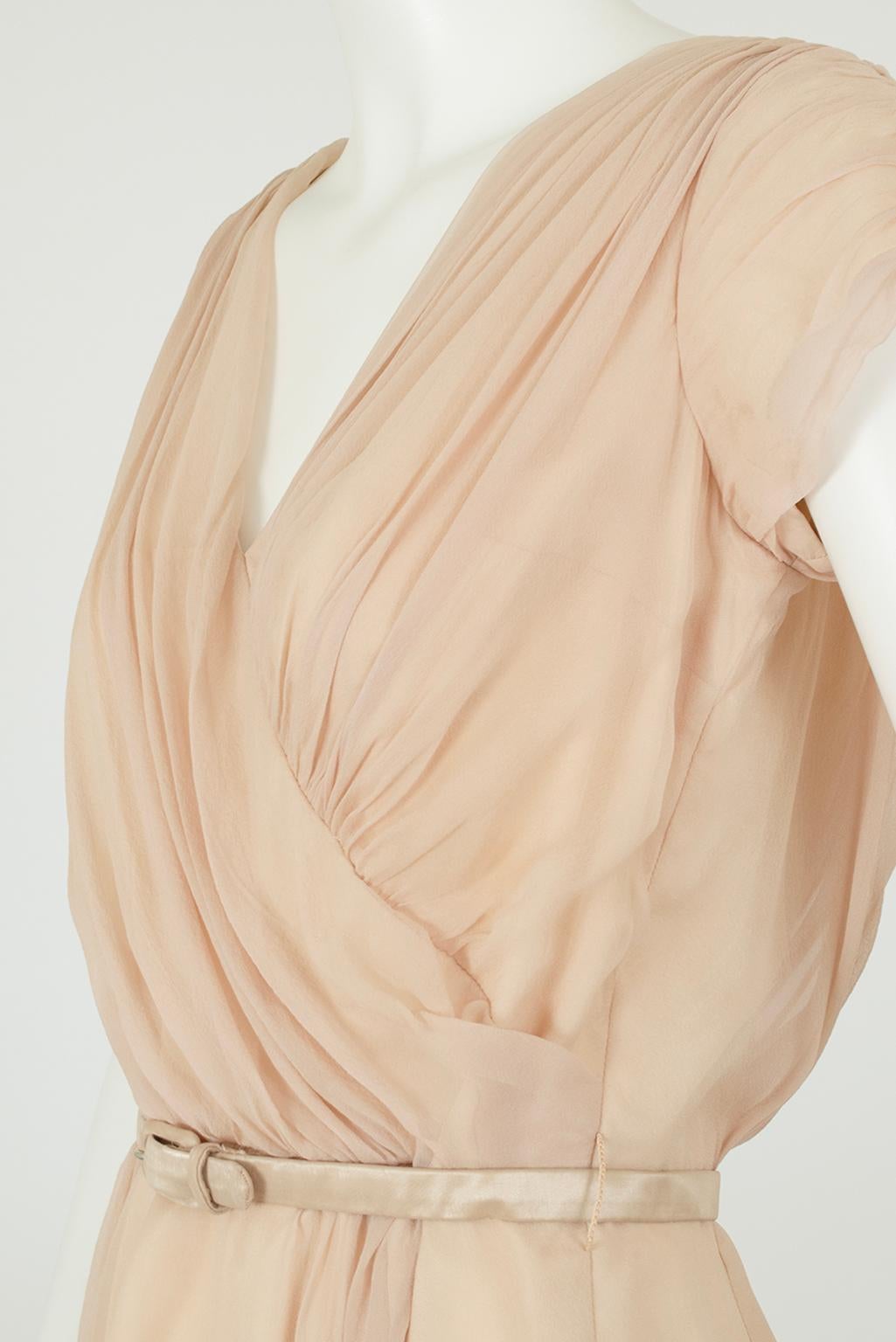 Plunging Buff Silk Chiffon Nude Dressing Cocktail Dress – XS - S, 1950s For Sale 1