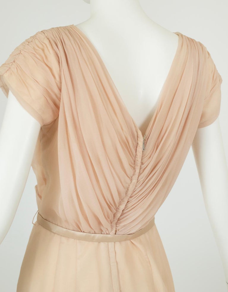 Plunging Buff Silk Chiffon Nude Dressing Cocktail Dress  XS - S, 1950s For  Sale at 1stDibs