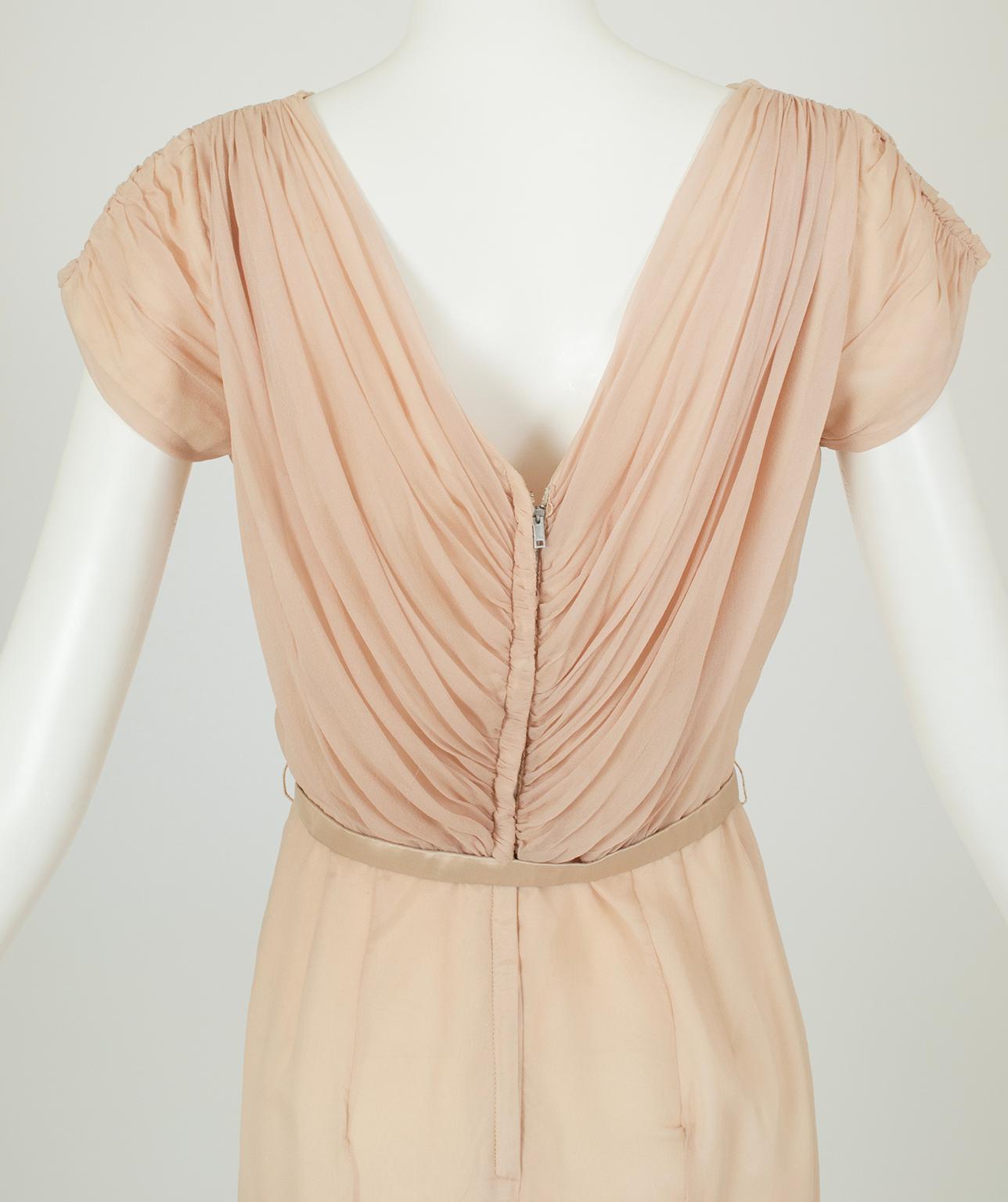 Plunging Buff Silk Chiffon Nude Dressing Cocktail Dress – XS - S, 1950s For Sale 3