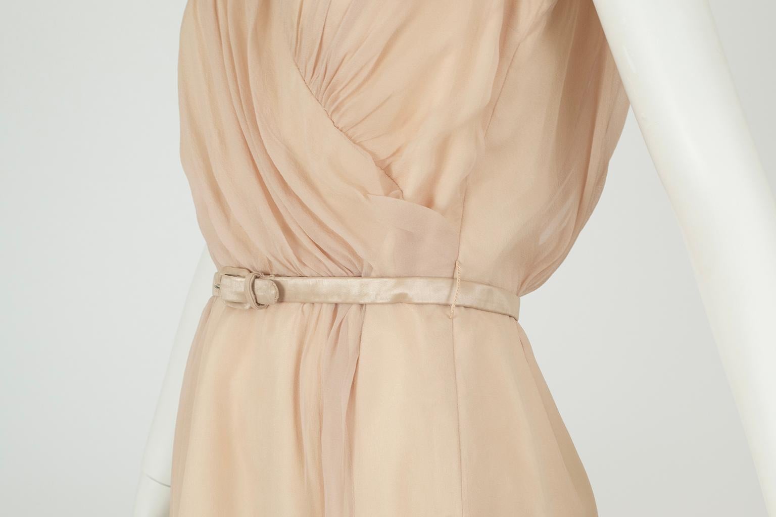 Plunging Buff Silk Chiffon Nude Dressing Cocktail Dress – XS - S, 1950s For Sale 4