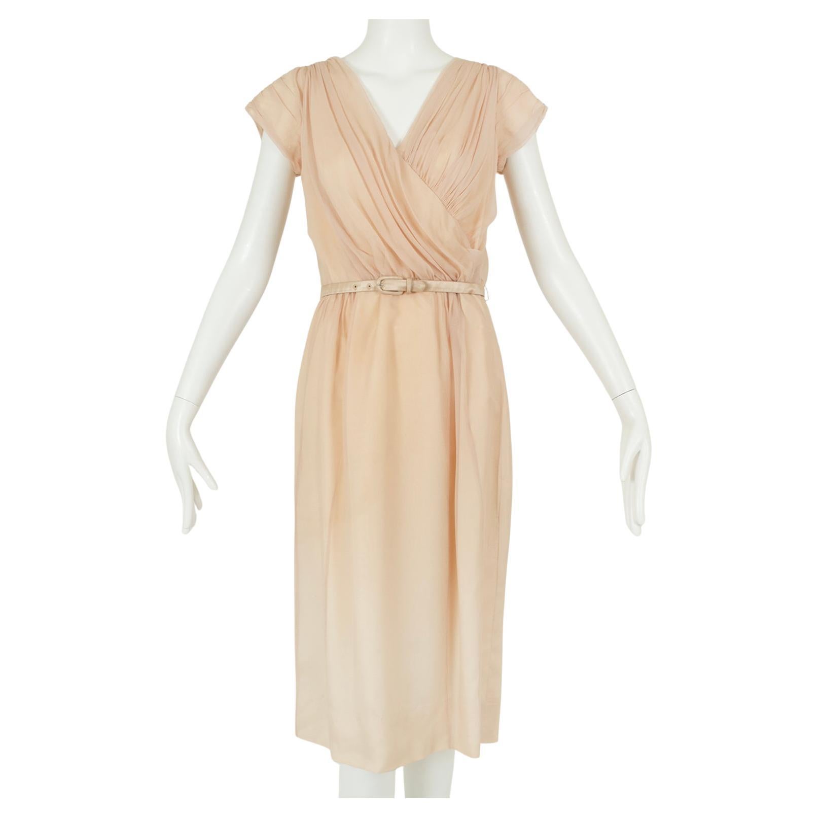 Plunging Buff Silk Chiffon Nude Dressing Cocktail Dress – XS - S, 1950s For Sale