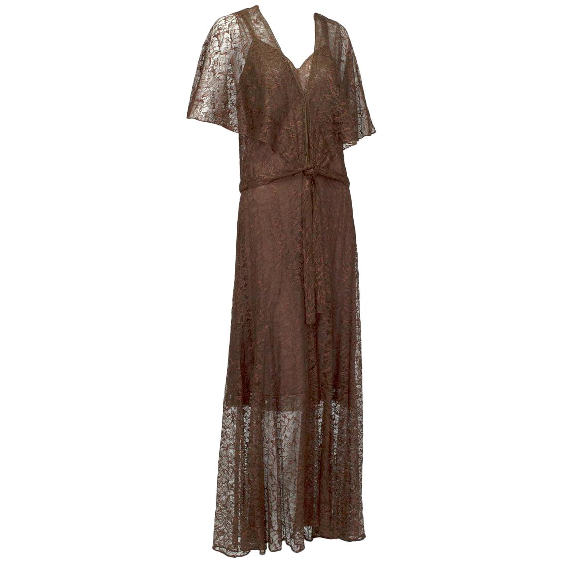 Hollywood Regency Sheer Brown Lace Ankle-Length Capelet Gown and Slip - M, 1930s For Sale