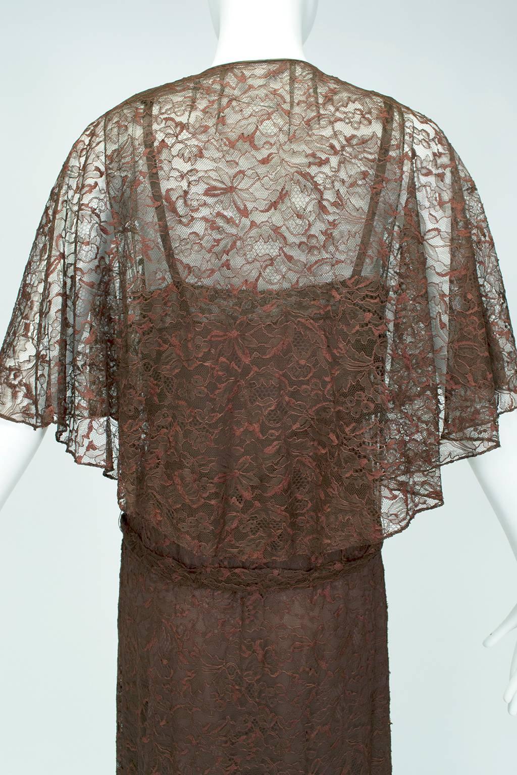 Black Hollywood Regency Sheer Brown Lace Ankle-Length Capelet Gown and Slip - M, 1930s For Sale