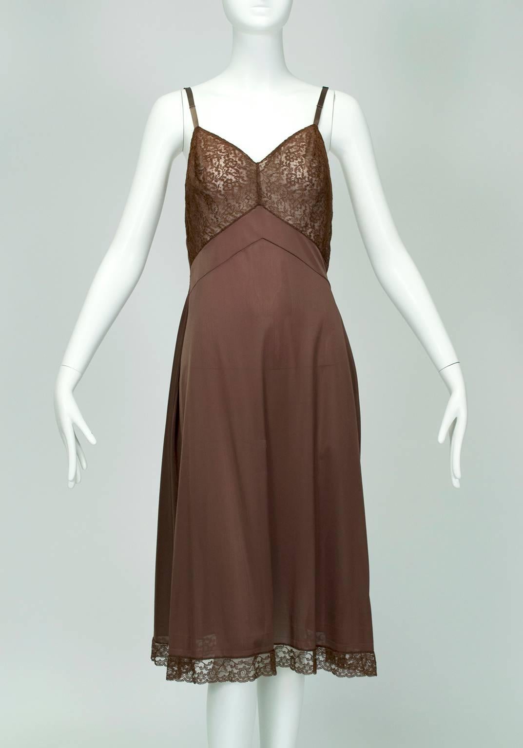 Women's Hollywood Regency Sheer Brown Lace Ankle-Length Capelet Gown and Slip - M, 1930s For Sale
