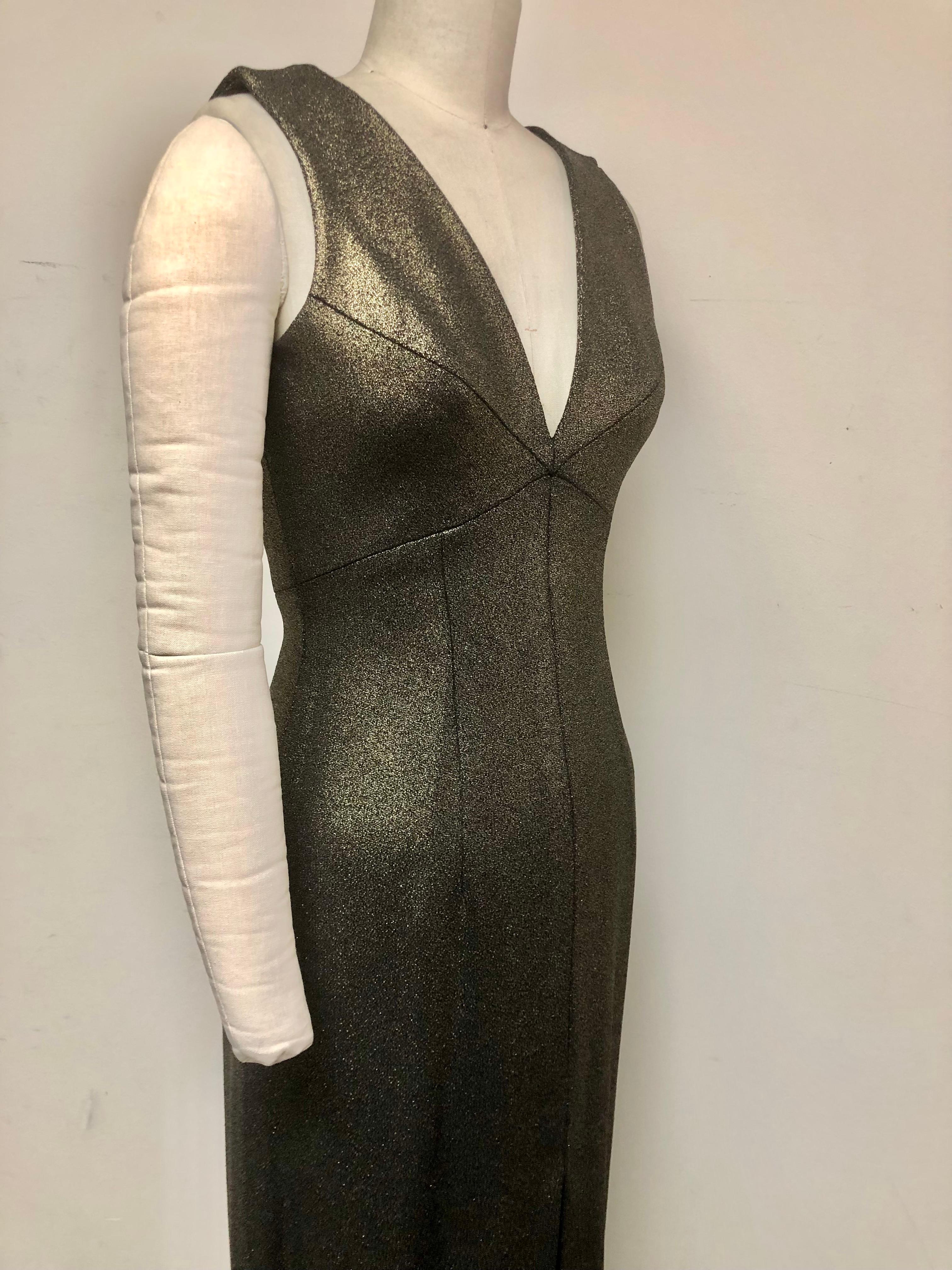  Plunging V Neck Body Dress in Luxurious Taroni Gold Lame For Sale 4