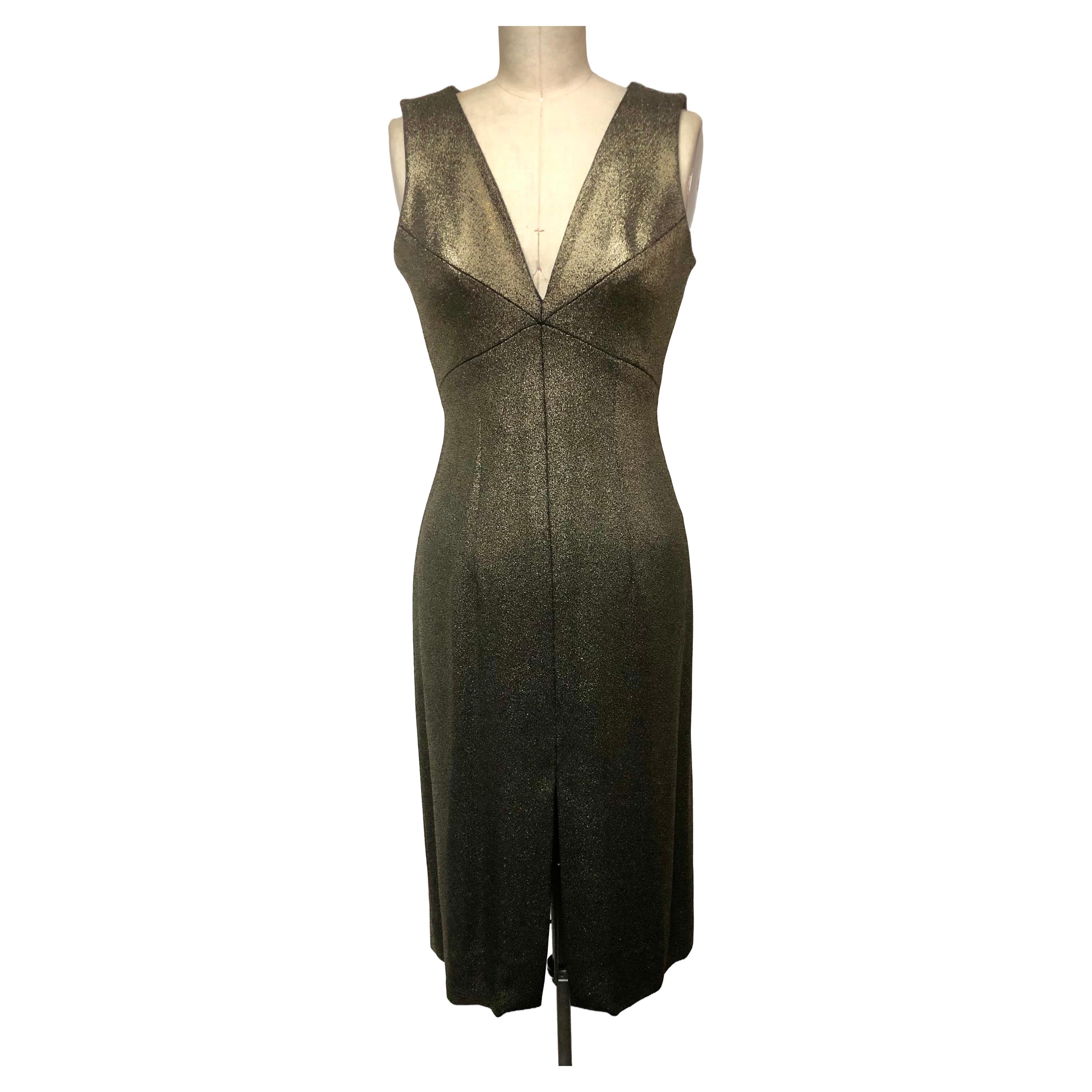  Plunging V Neck Body Dress in Luxurious Taroni Gold Lame For Sale