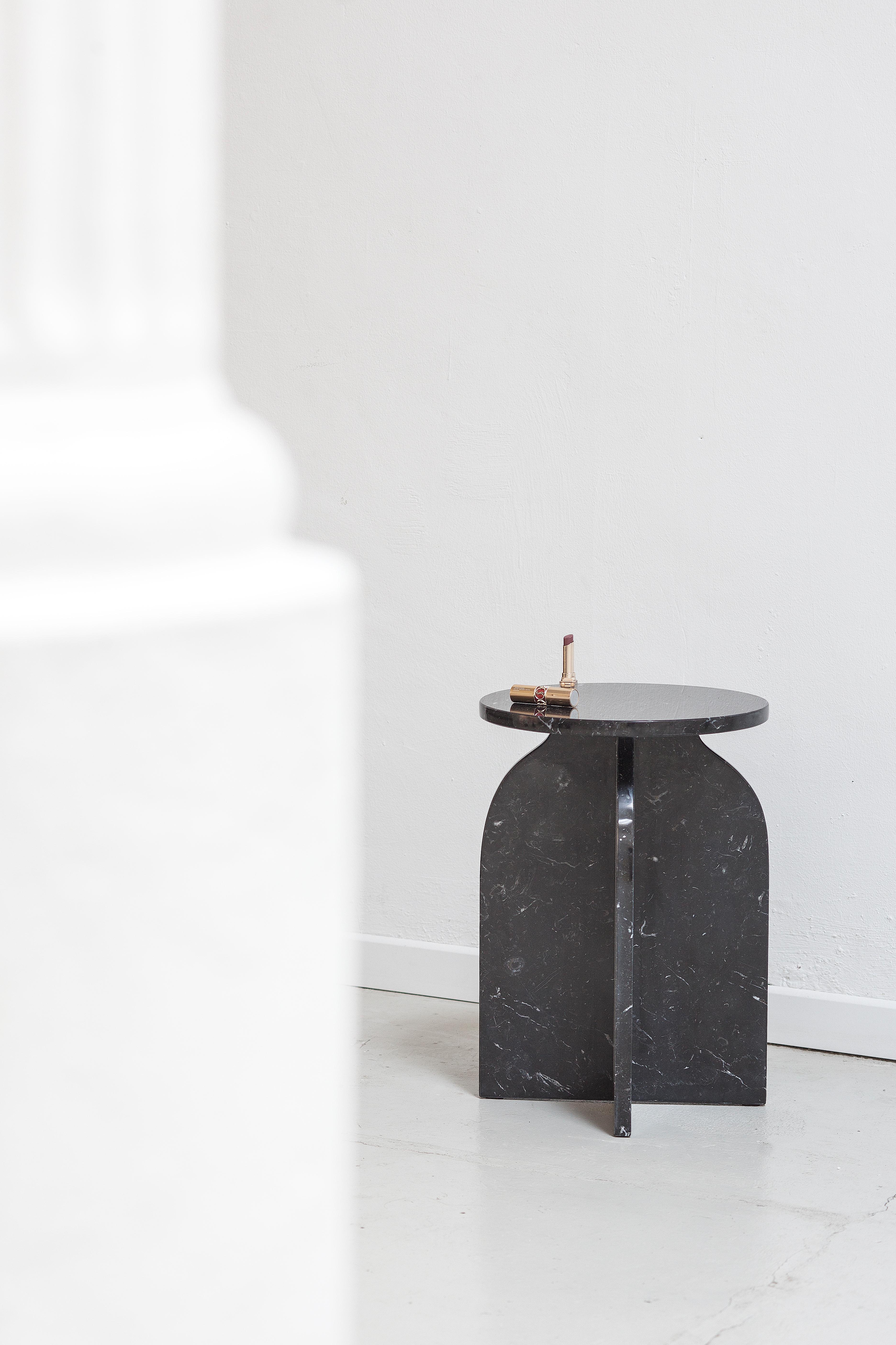 Plus side table by Joseph Vila Capdevila

Material: Marble
Dimensions: 33 x 47 cm
Weight: 19.1kg

Low table composed of a circular envelope of treated marble, supported on four legs of the same material and forming two pointed arches in