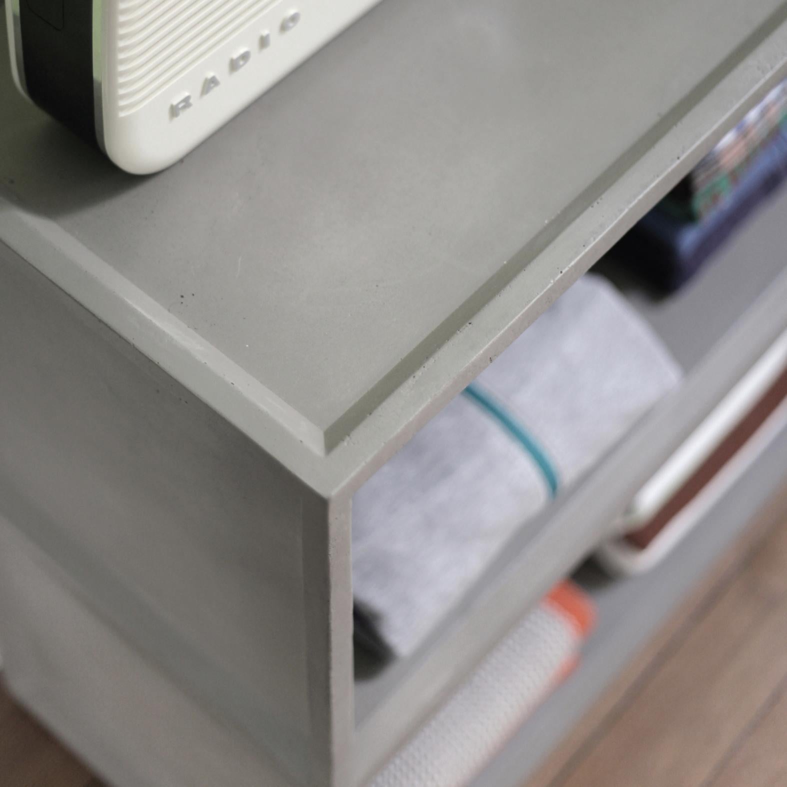 PLUS is perfect to create your own concrete storage solution.
Combine several modules and you will be able to create ambitious bespoke furniture: shelves, large coffee table, counter, room divider, display for a shop.