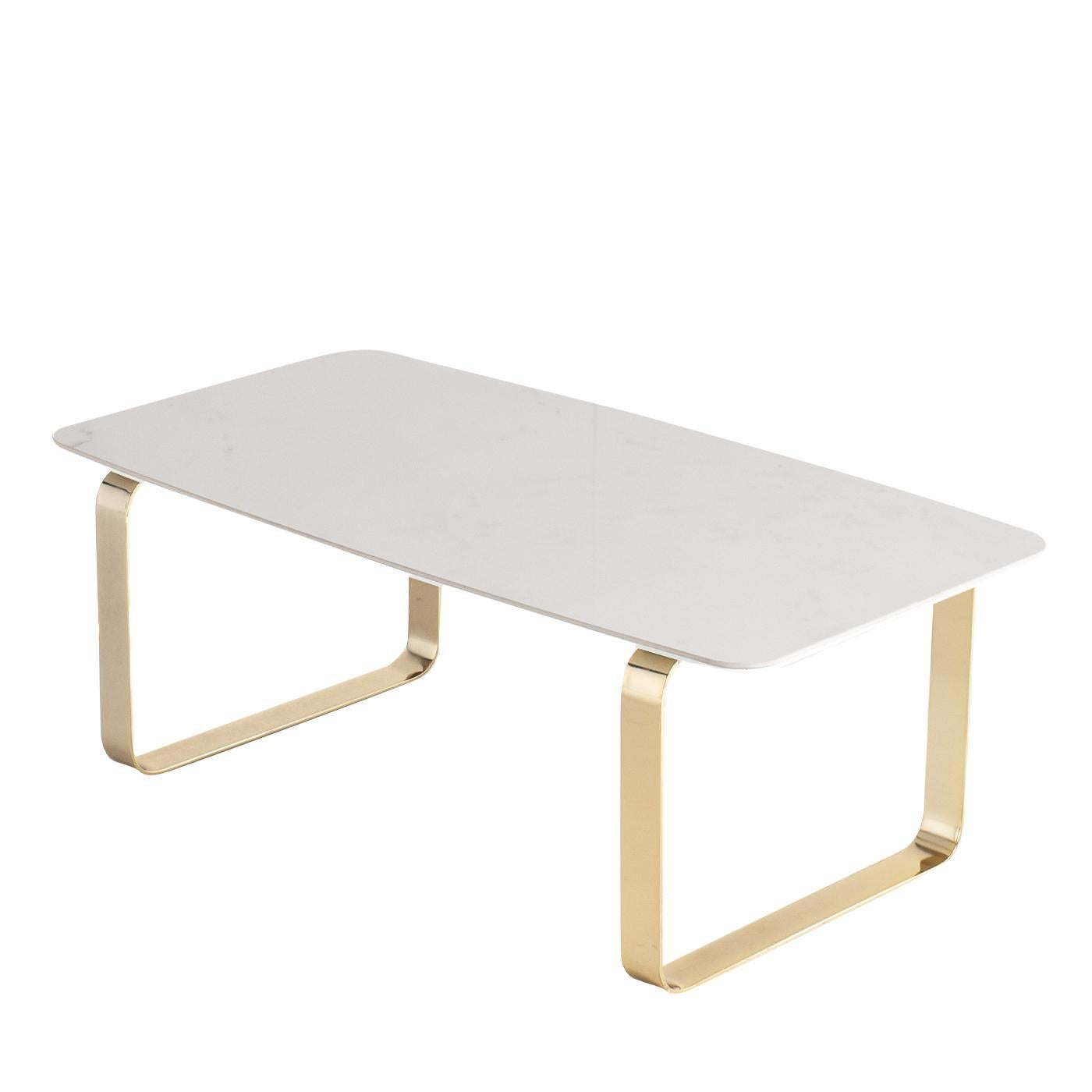 Seemingly simple, the plus coffee table is the perfect mix of clean lines and gentle curves, making it a truly stand out piece in any contemporary living space. Shown here with a lacquered wooden top and a glossy gold base, the table can per