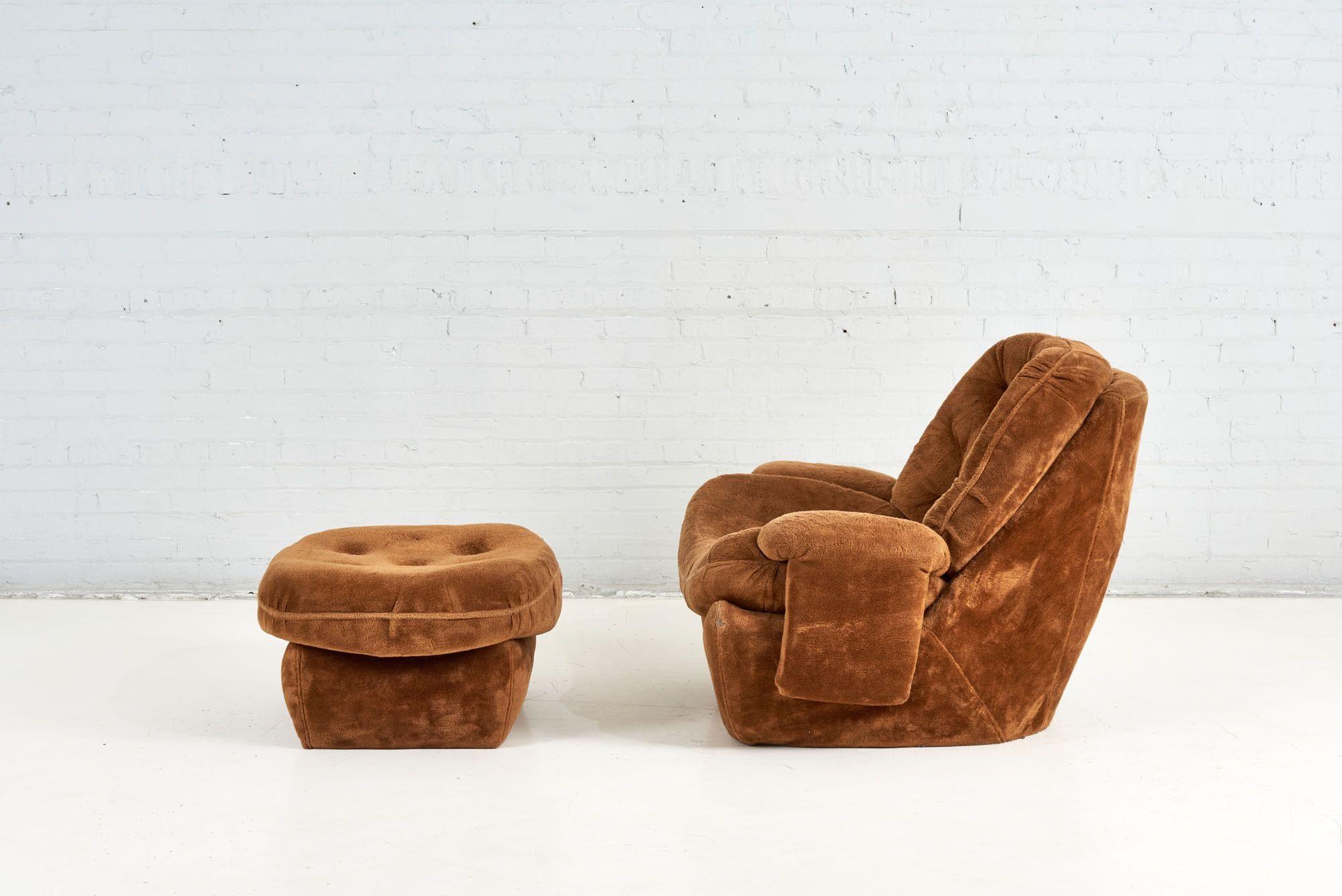 American Plush 1970's Lounge Chair and Ottoman