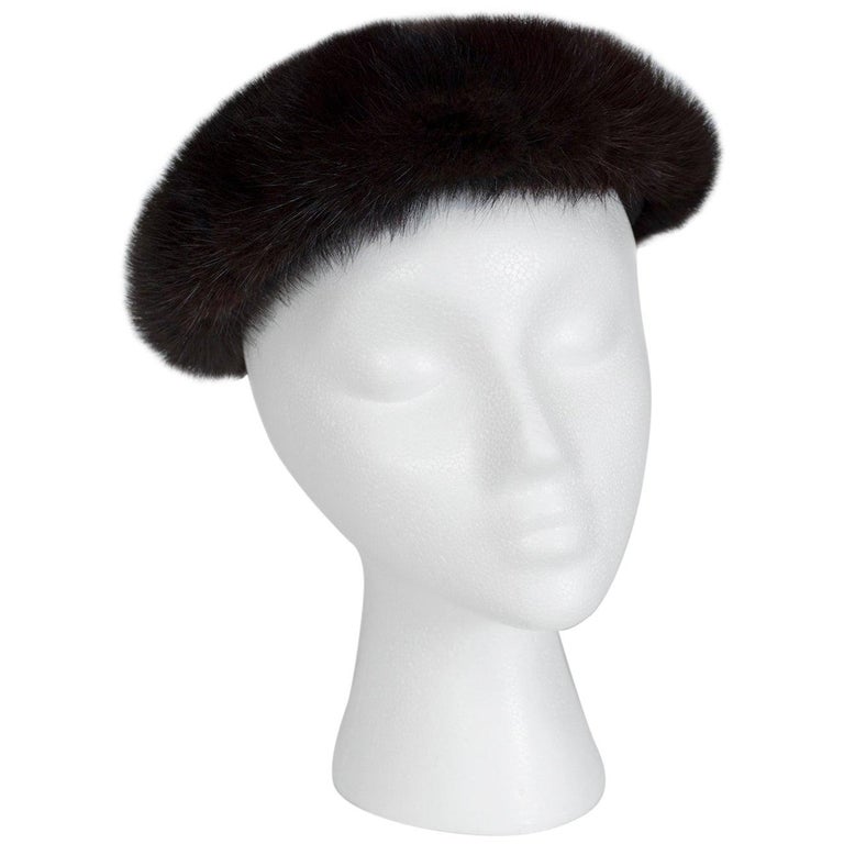 Plush Black Mink Fur Pillbox Beret Hat w Brocade Lining S-M, 1960s