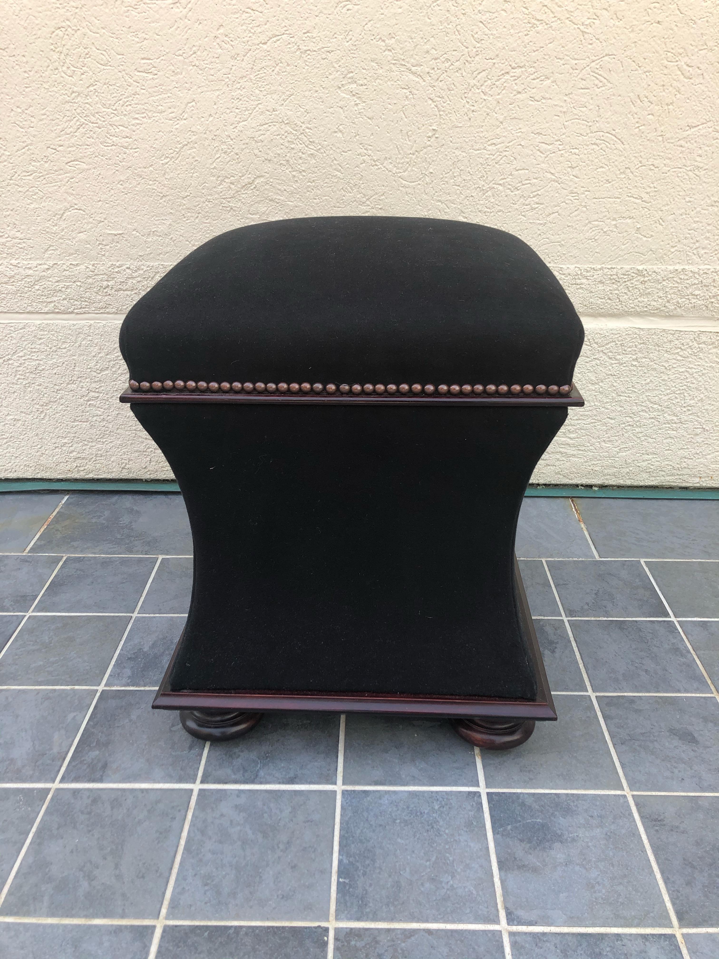 English Plush Black Mohair & Mahogany Hourglass Ottomans with Storage by George Smith