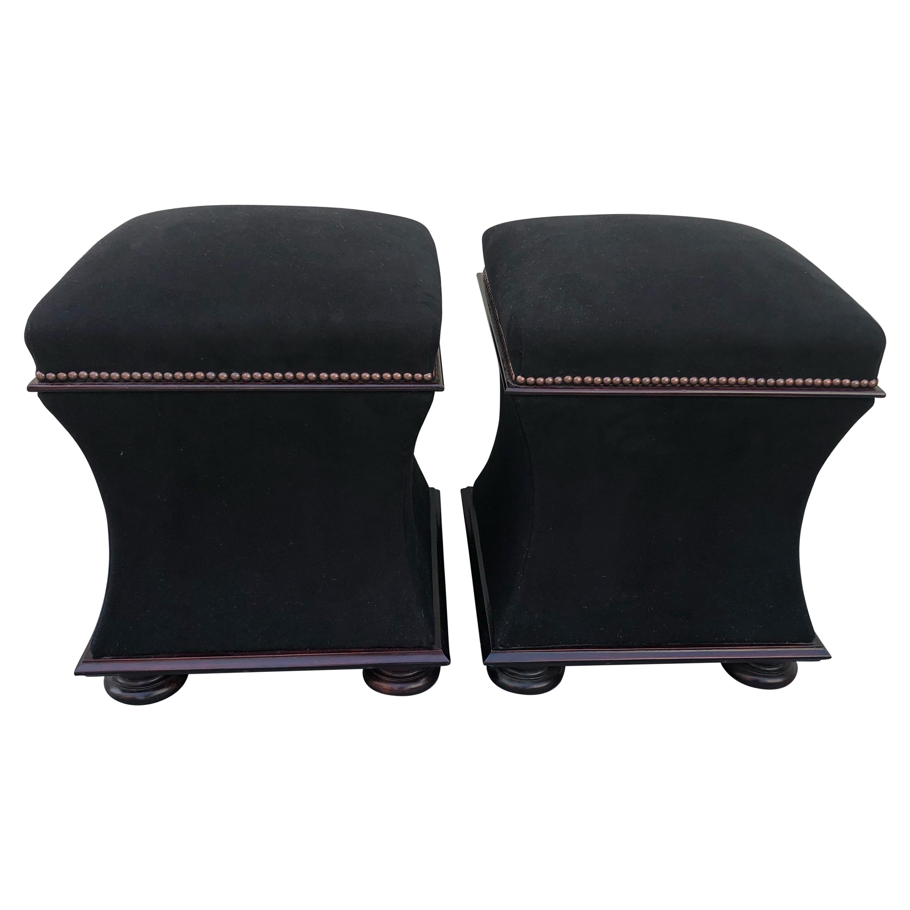 Plush Black Mohair & Mahogany Hourglass Ottomans with Storage by George Smith