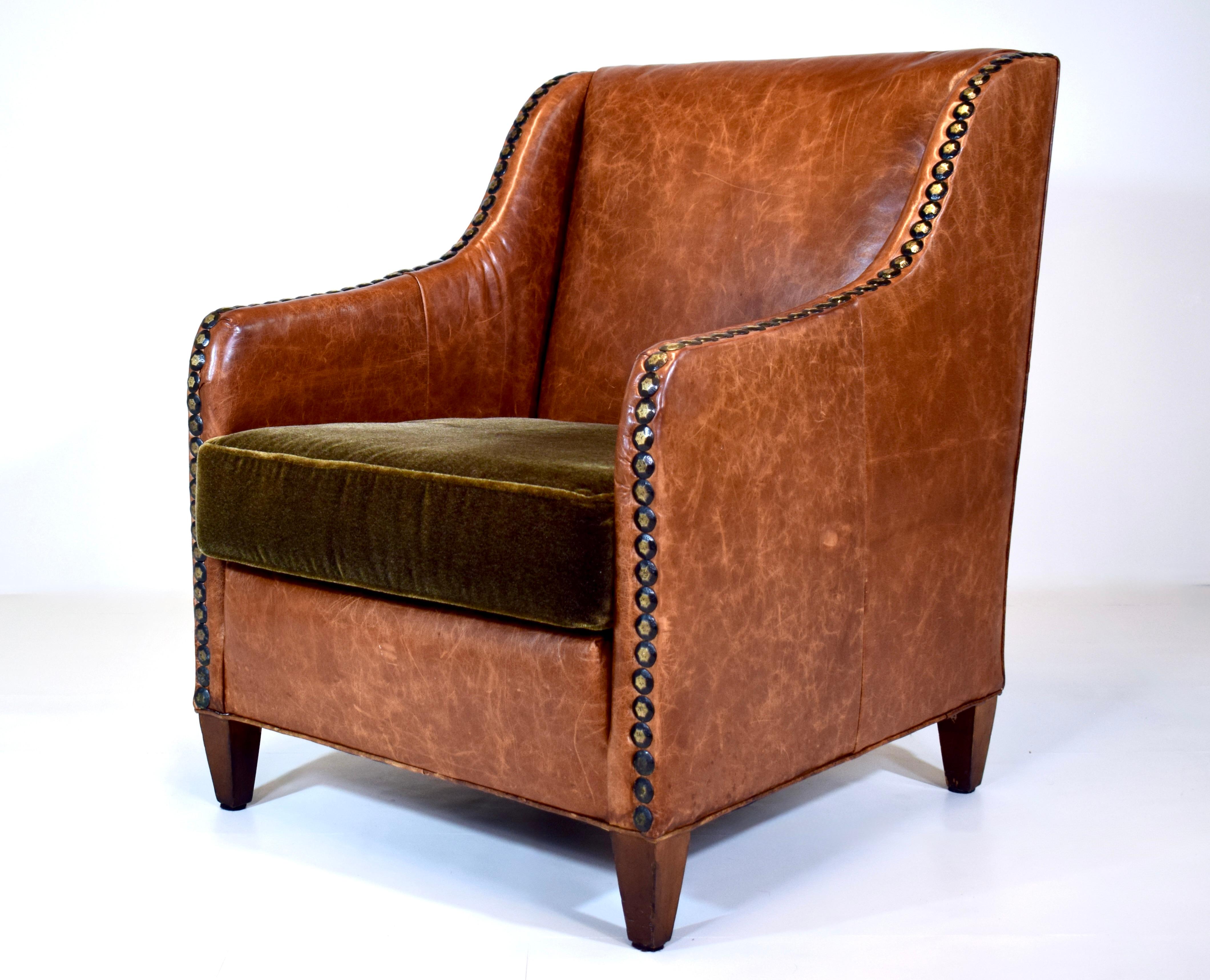 Impressive library Club chair with plush goose down filled Mohair cushion & large brass nail head trim in the English Tradition.  Excellent vintage condition ready for use. 
Seat: 18