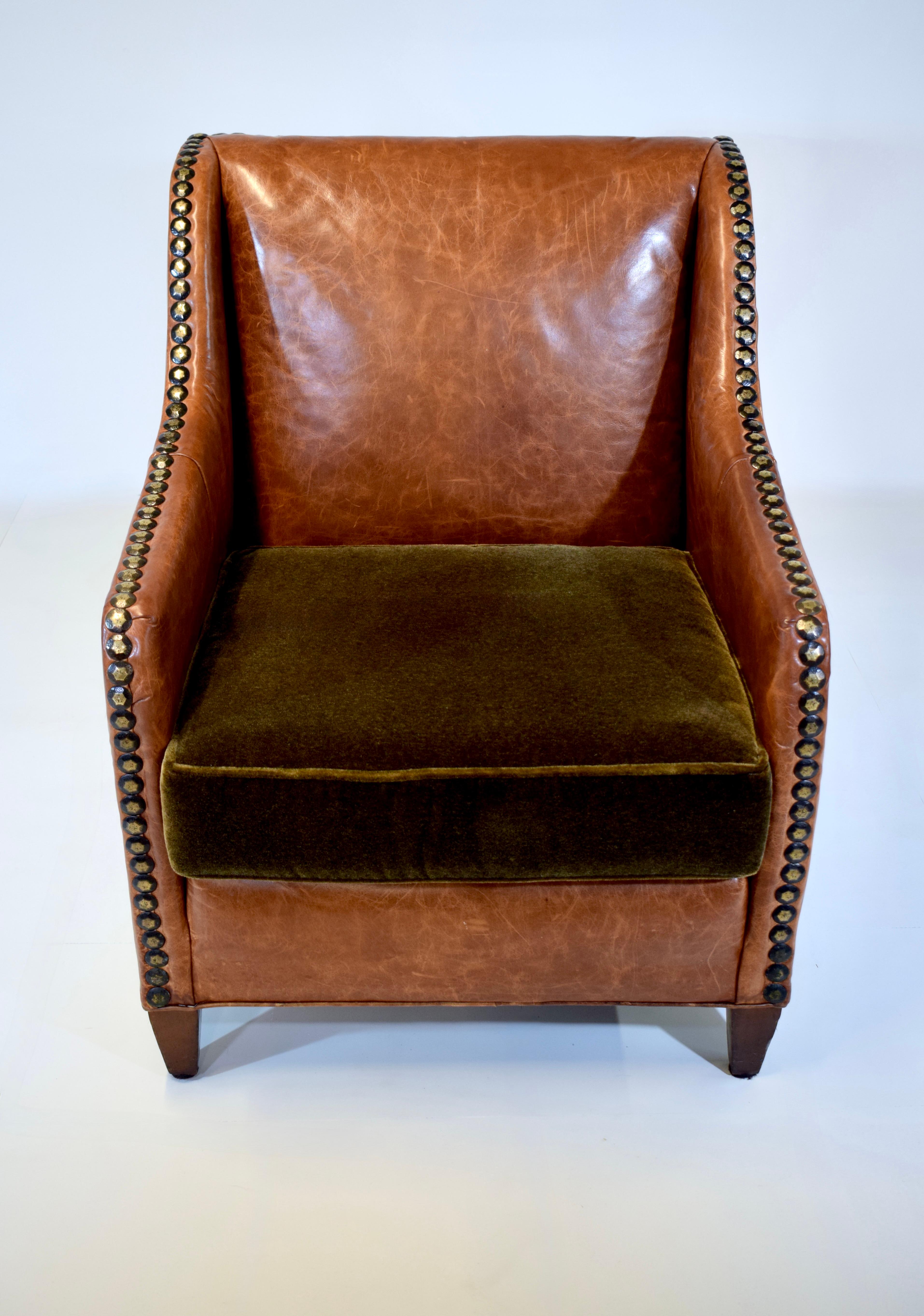 Mid-Century Modern Plush Chestnut Leather & Mohair English Club Chair For Sale