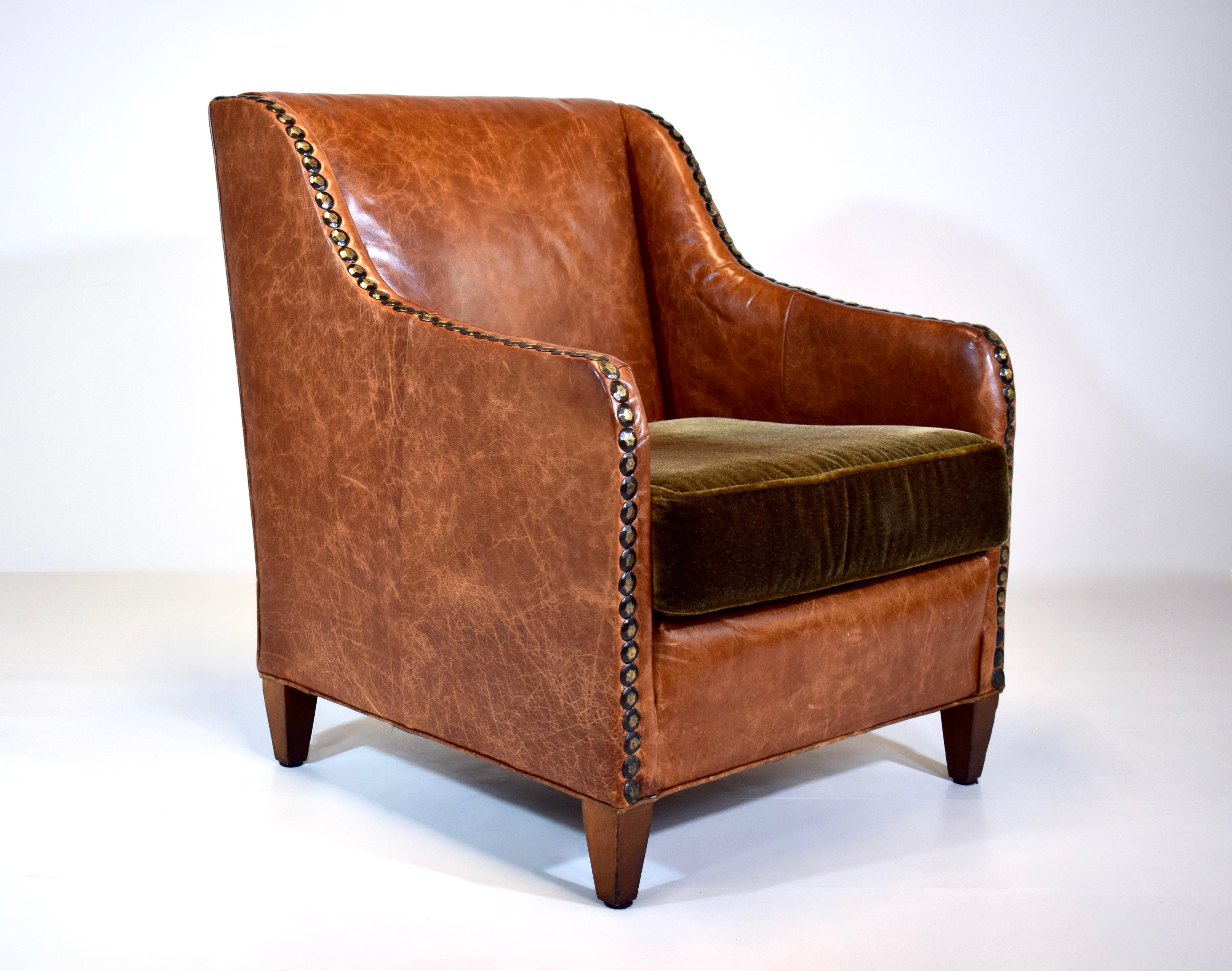 American Plush Chestnut Leather & Mohair English Club Chair For Sale
