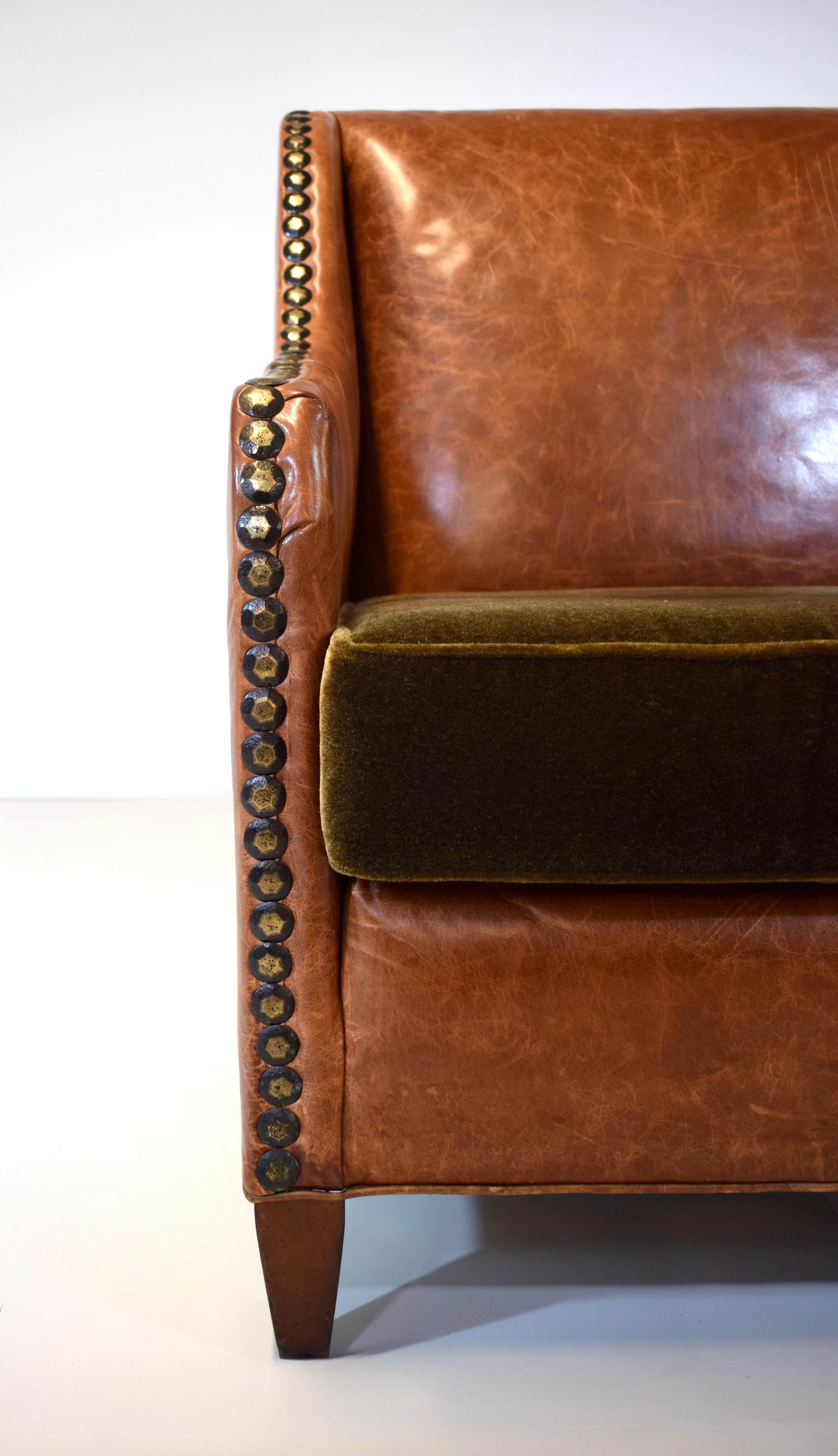 Plush Chestnut Leather & Mohair English Club Chair In Good Condition For Sale In Southampton, NJ