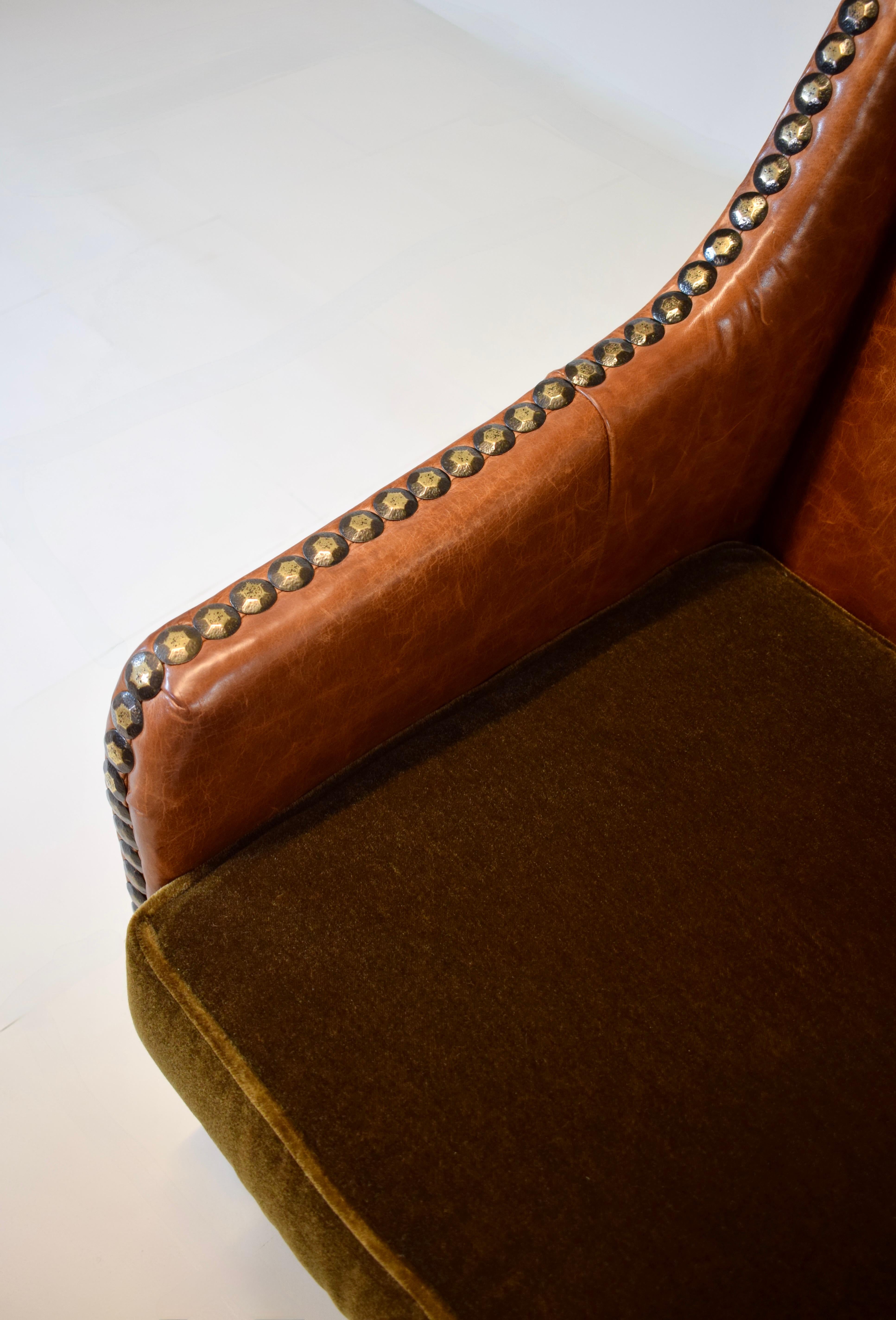 Contemporary Plush Chestnut Leather & Mohair English Club Chair For Sale