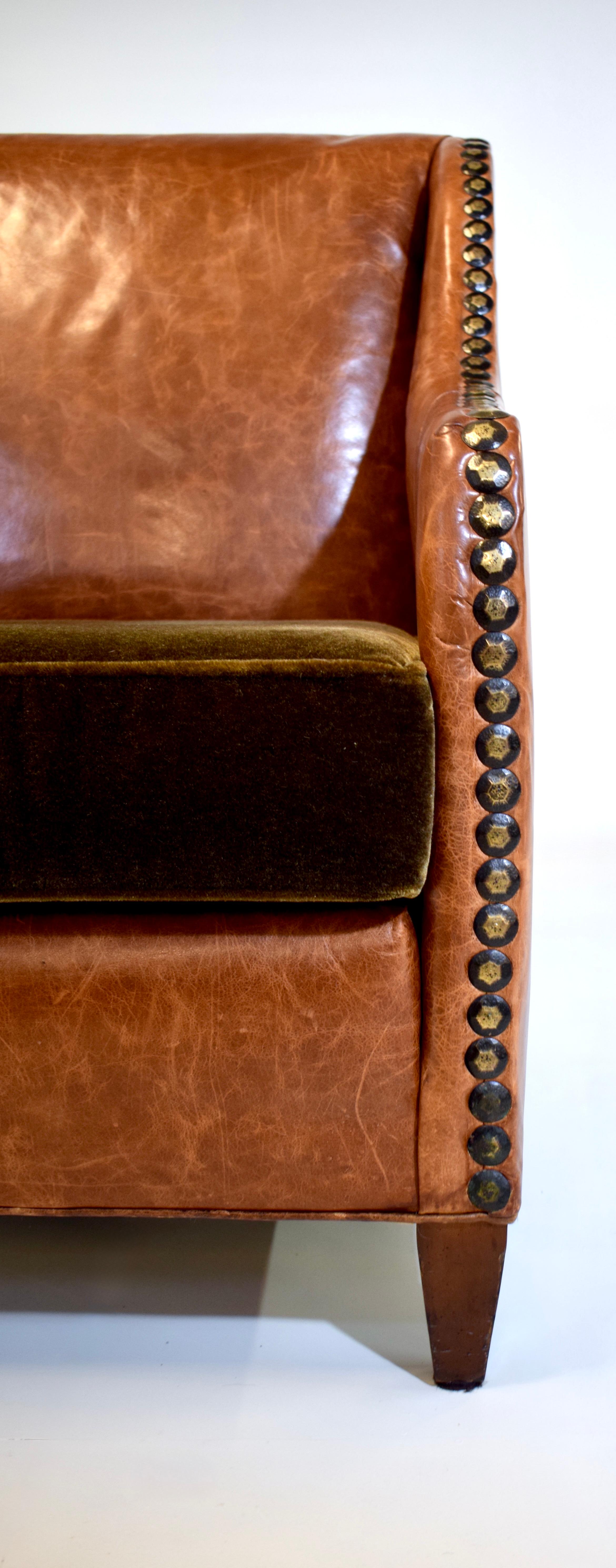 Brass Plush Chestnut Leather & Mohair English Club Chair For Sale