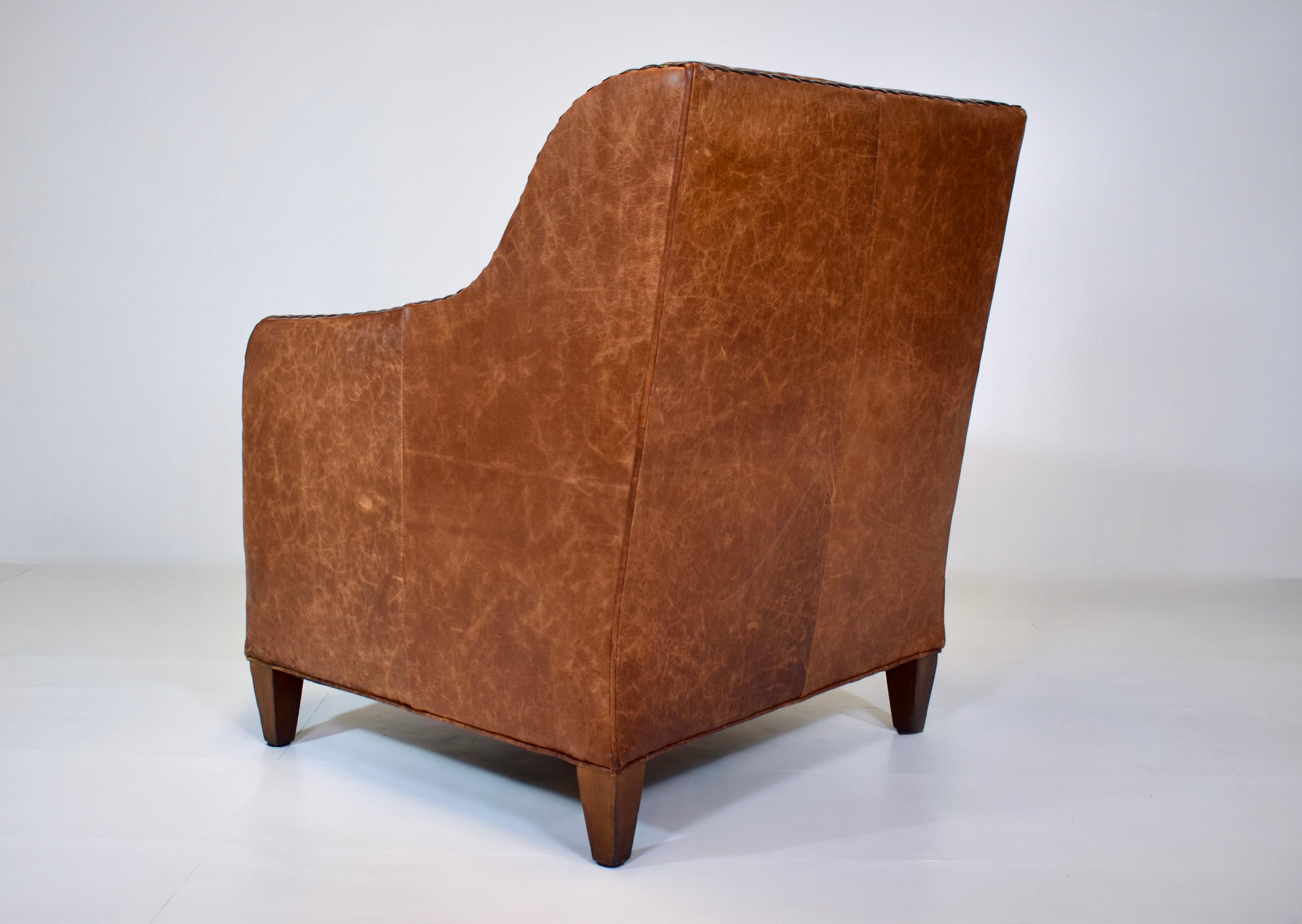 Plush Chestnut Leather & Mohair English Club Chair For Sale 2