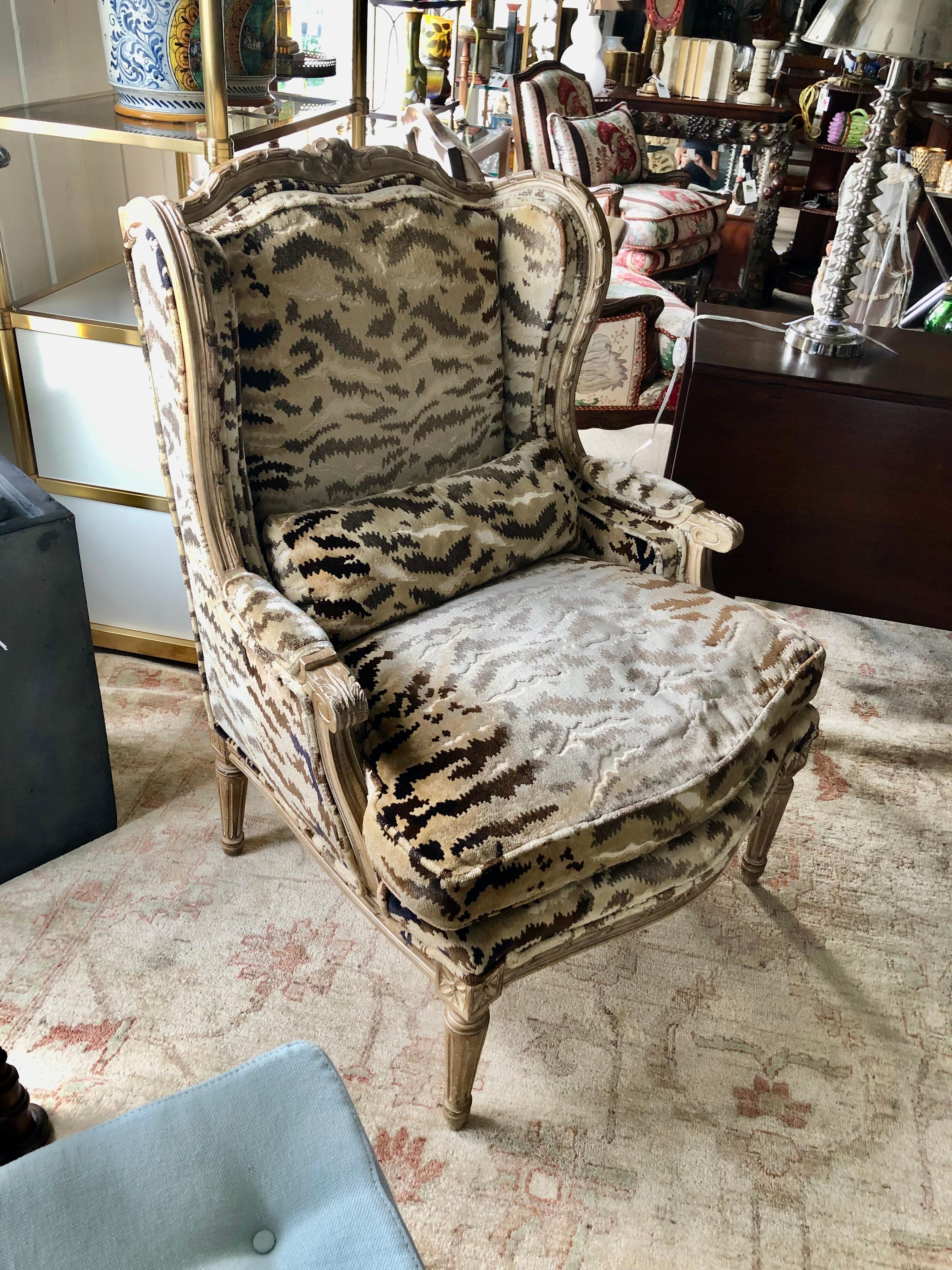 Plush Cut Velvet Down Filled Louis XVI Style Wing Chair In Good Condition In Hopewell, NJ