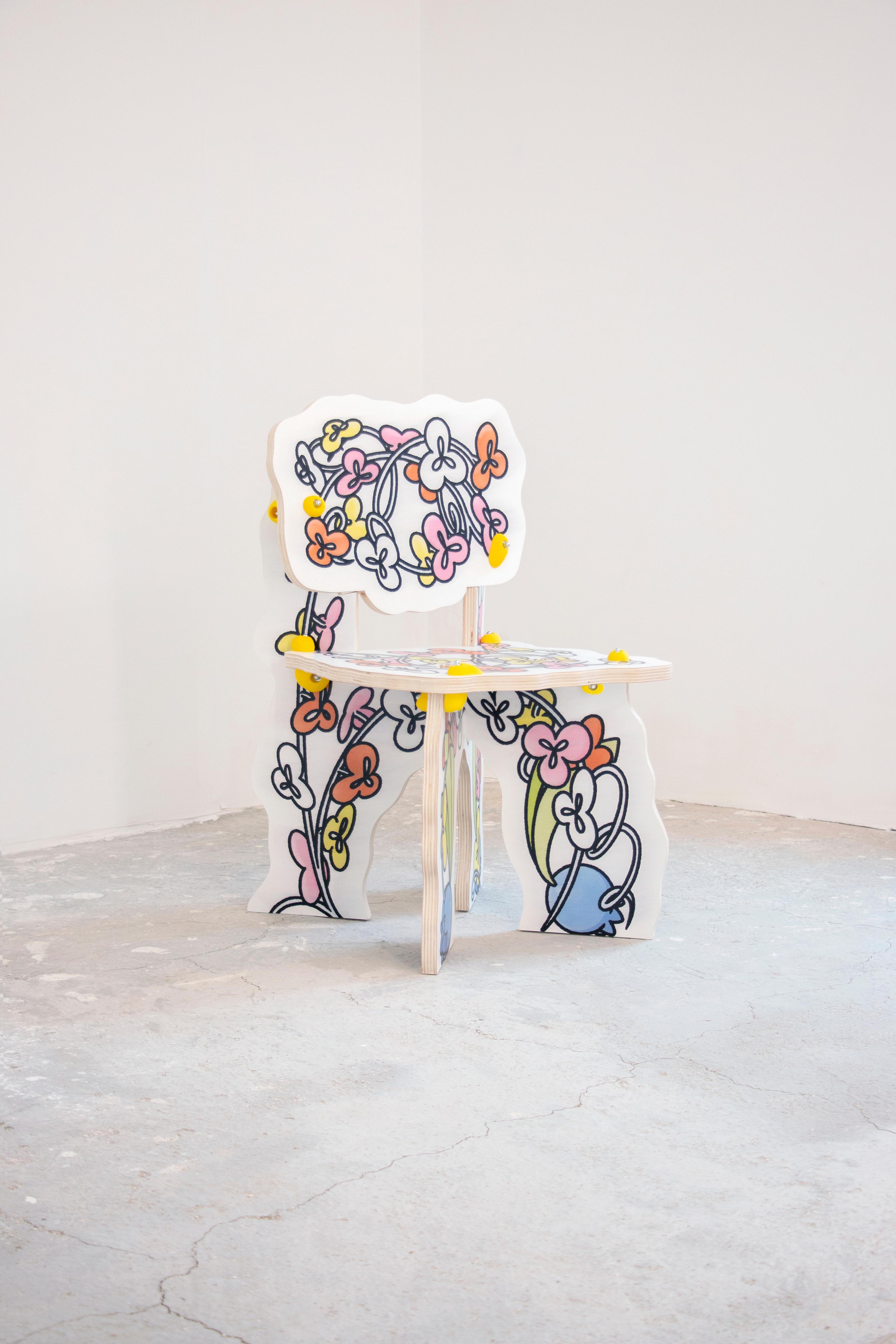 Dining Chair, part of the Plush Garden DINING ROOM series. 
Handcrafted Okoume plywood with a UV-printed floral pattern on white lacker, marine varnished. Unique handcrafted and casted connection pieces.

Plush Garden is a visual research on