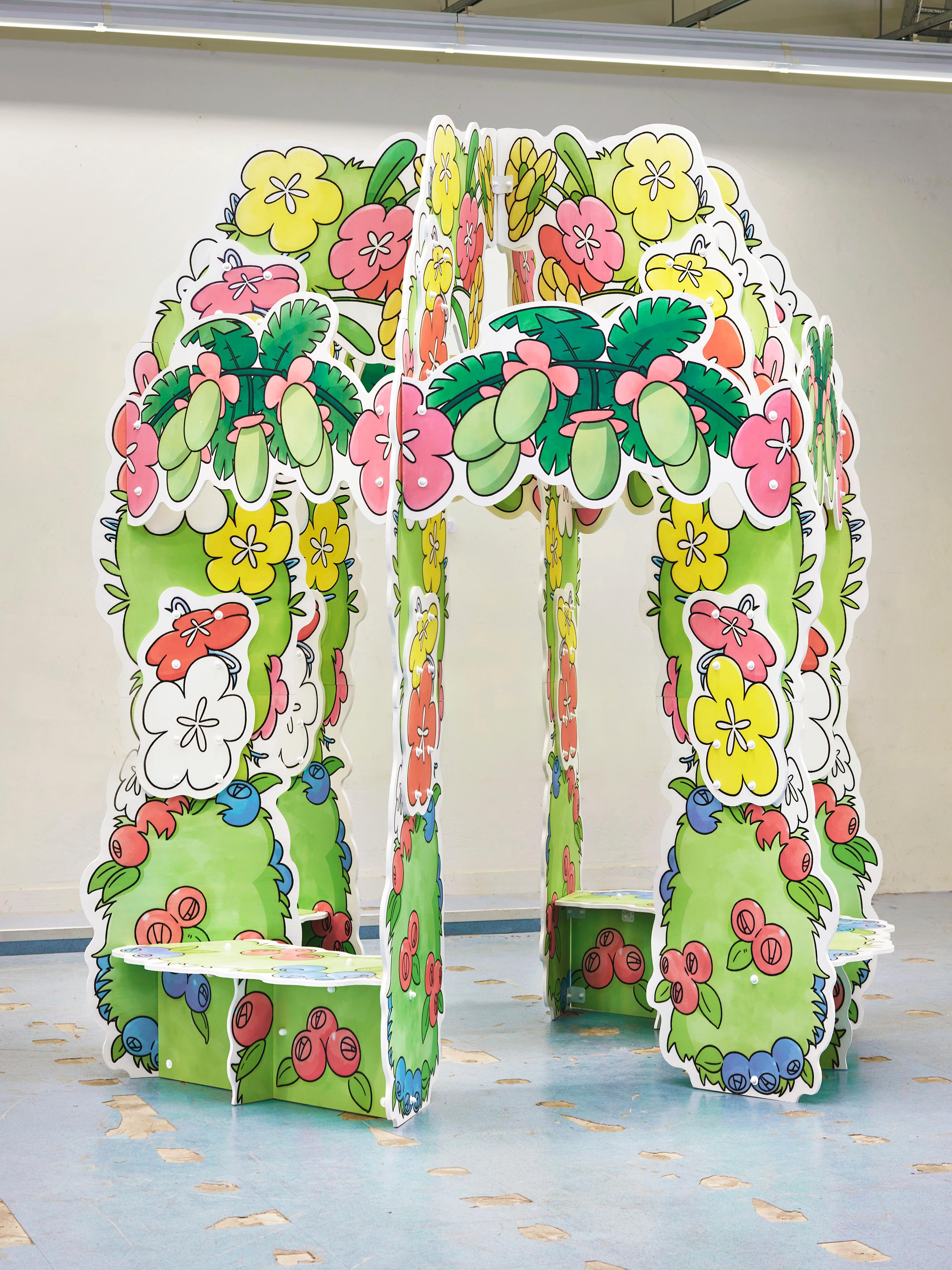 Plush Garden Gazebo.
Handcrafted and laser-cut plywood with a UV-printed floral pattern, marine varnished. Unique handcrafted and casted connection pieces.

Plush Garden is a visual research on plants as ambiguous objects of
trade and
