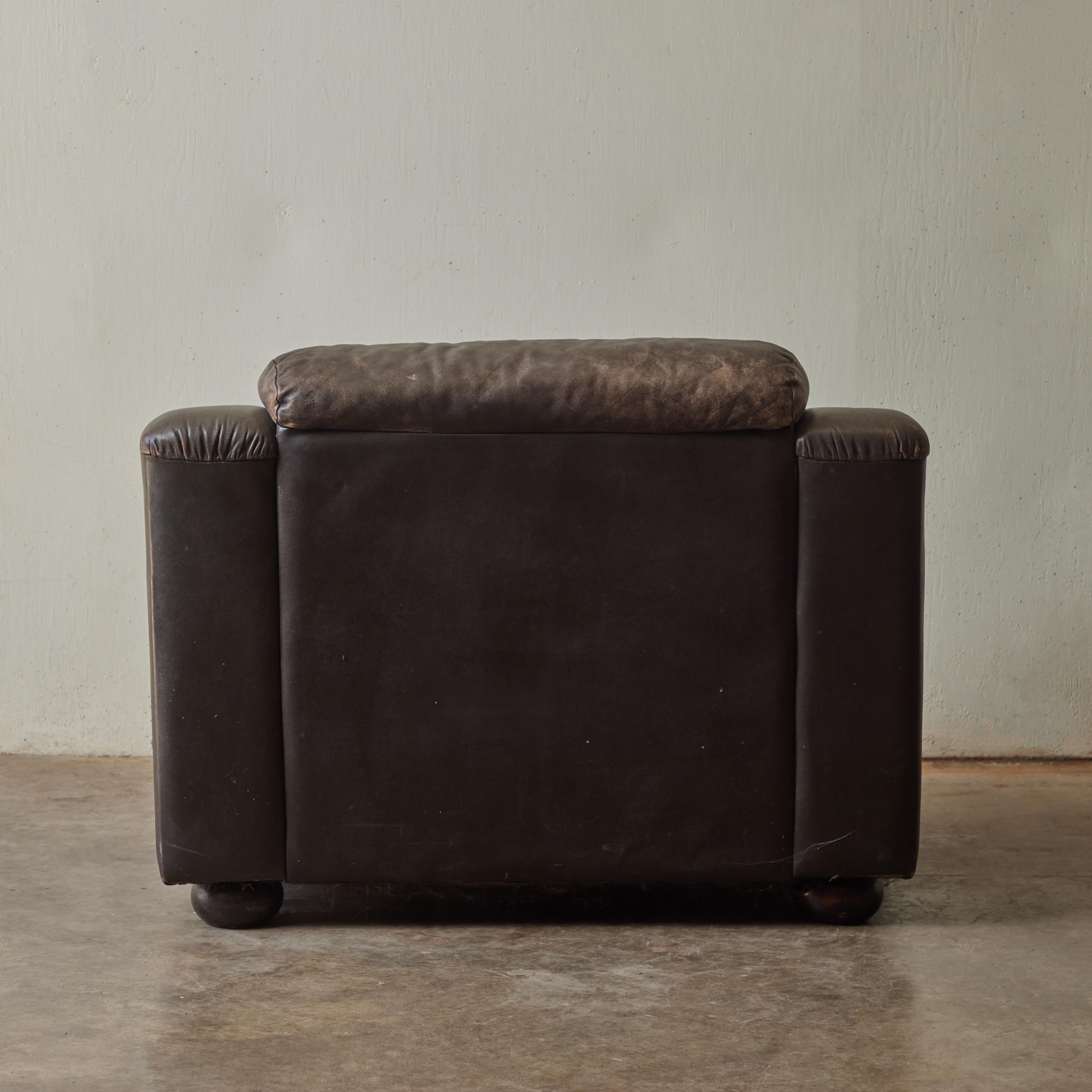 French Plush Low Leather Armchair, circa 1960 For Sale
