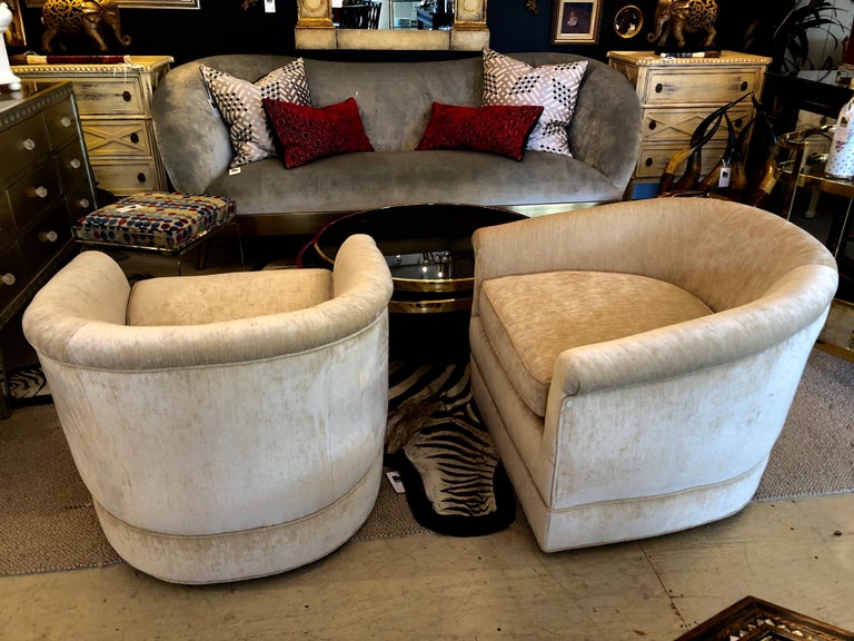 Plush MidCentury Modern Curvy Swivel Camel Velvet Club Chairs at