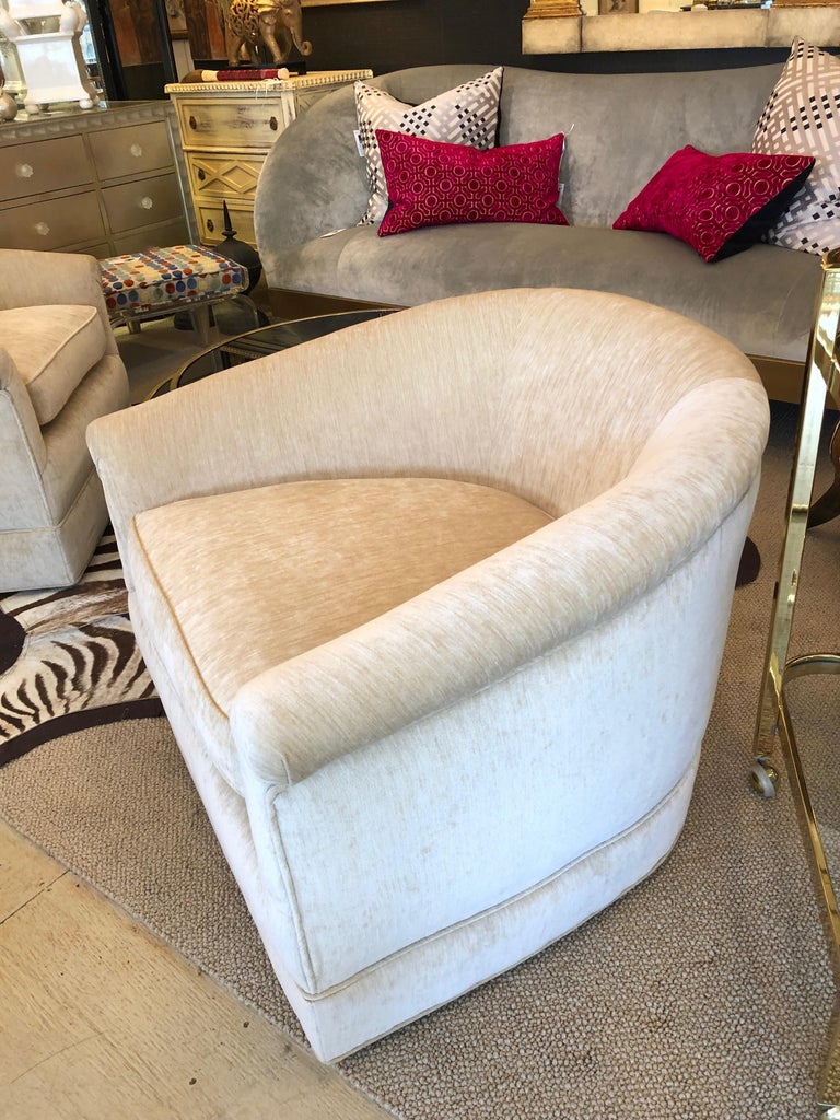 Plush MidCentury Modern Curvy Swivel Camel Velvet Club Chairs at