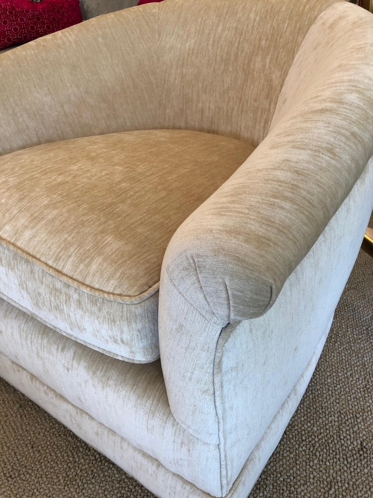 Plush MidCentury Modern Curvy Swivel Camel Velvet Club Chairs at