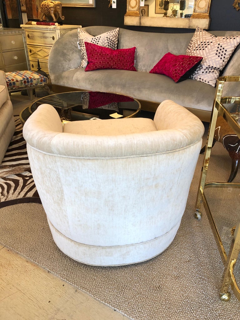 Plush MidCentury Modern Curvy Swivel Camel Velvet Club Chairs at