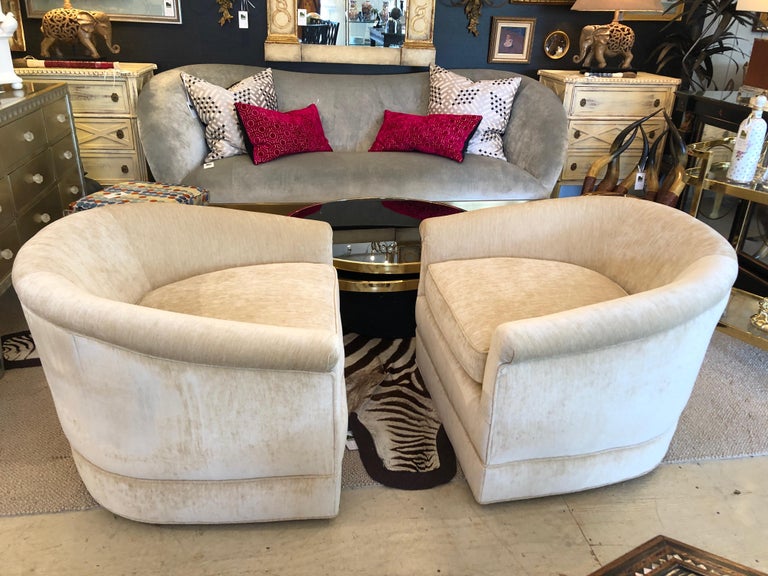 Plush MidCentury Modern Curvy Swivel Camel Velvet Club Chairs at