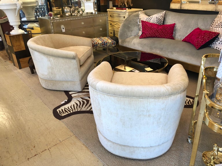 Plush MidCentury Modern Curvy Swivel Camel Velvet Club Chairs at