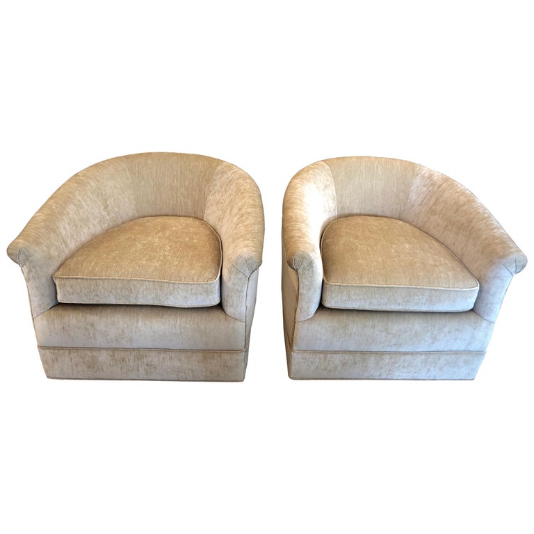 Plush MidCentury Modern Curvy Swivel Camel Velvet Club Chairs at