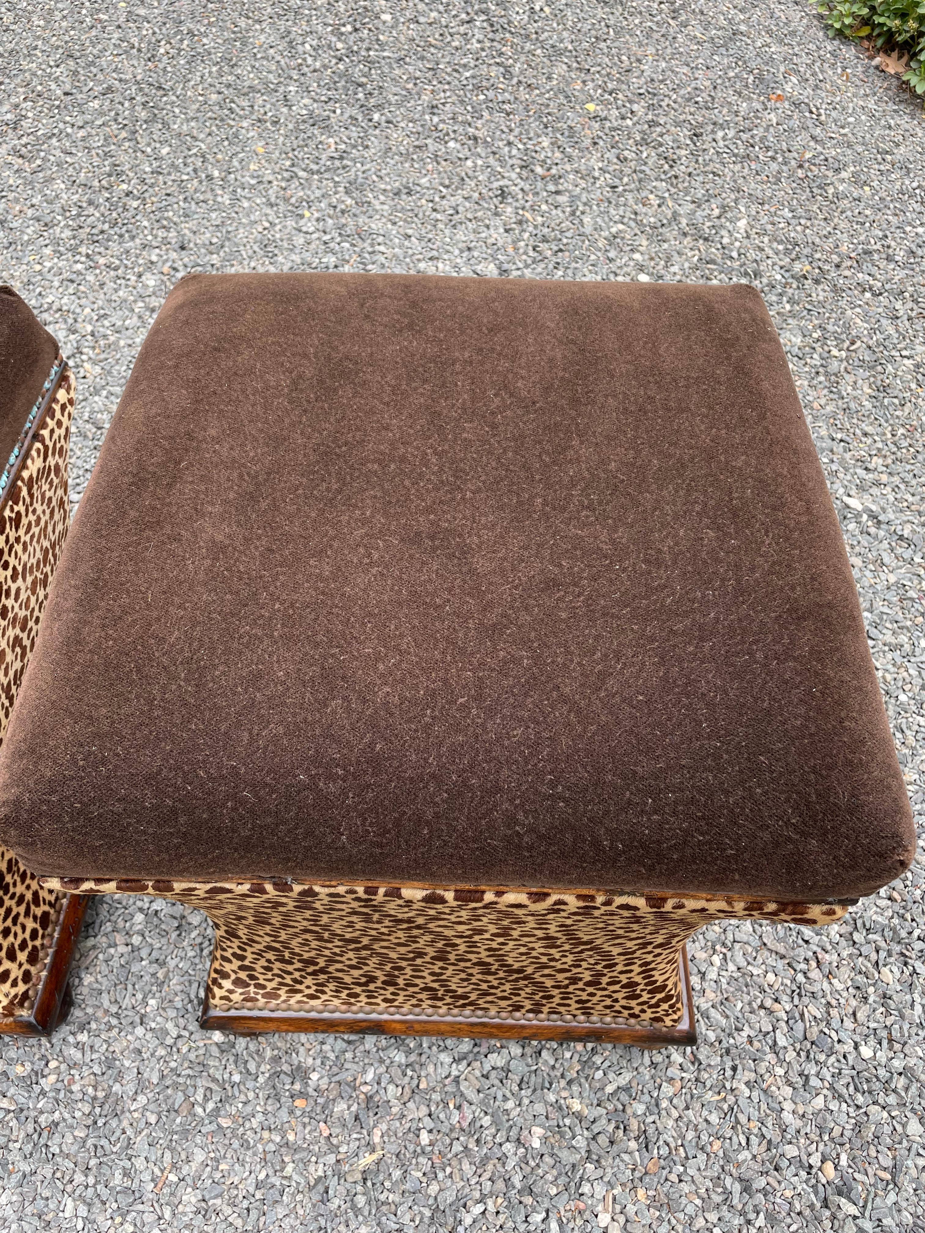 Plush Pair of Animal Print Mohair & Cowhide Upholstered Hourglass Ottomans In Good Condition For Sale In Hopewell, NJ