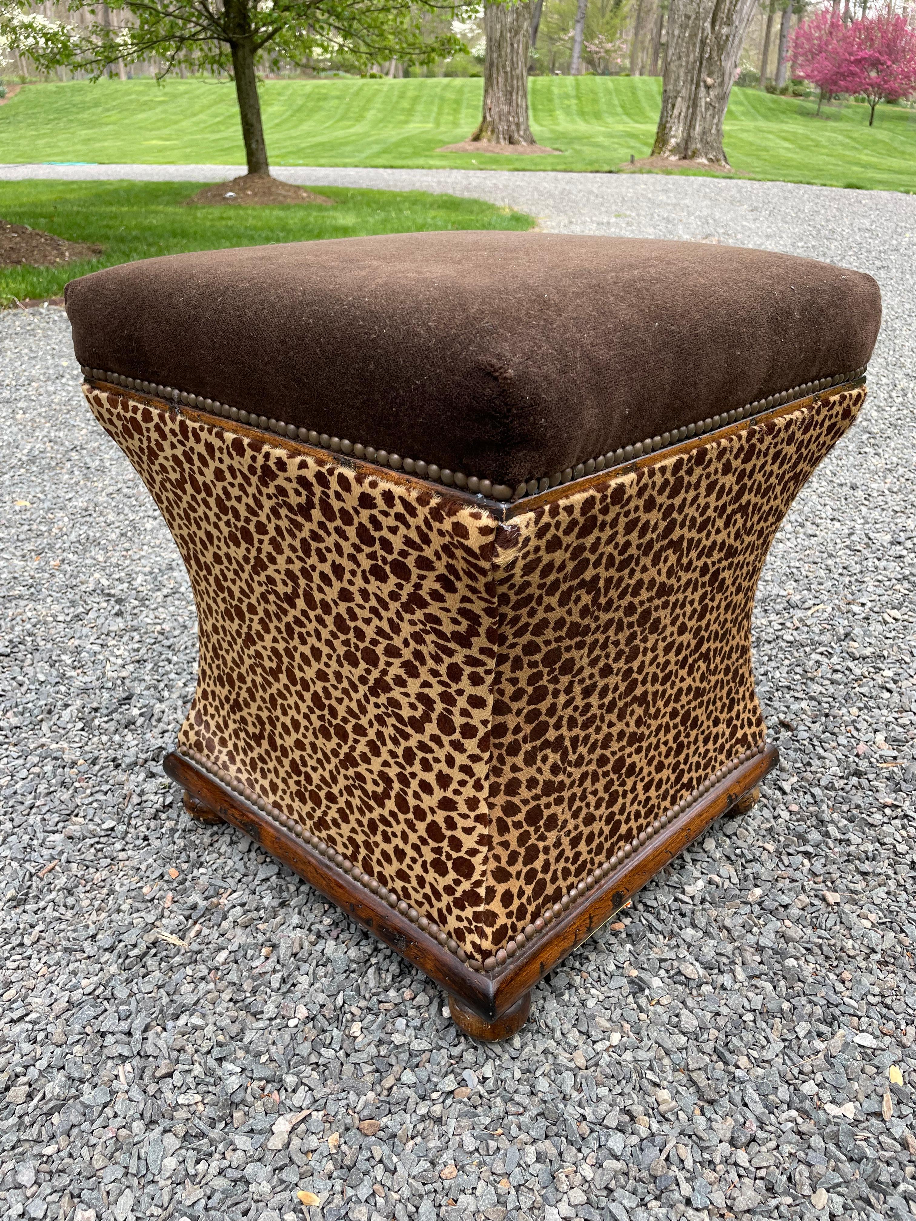 Contemporary Plush Pair of Animal Print Mohair & Cowhide Upholstered Hourglass Ottomans For Sale