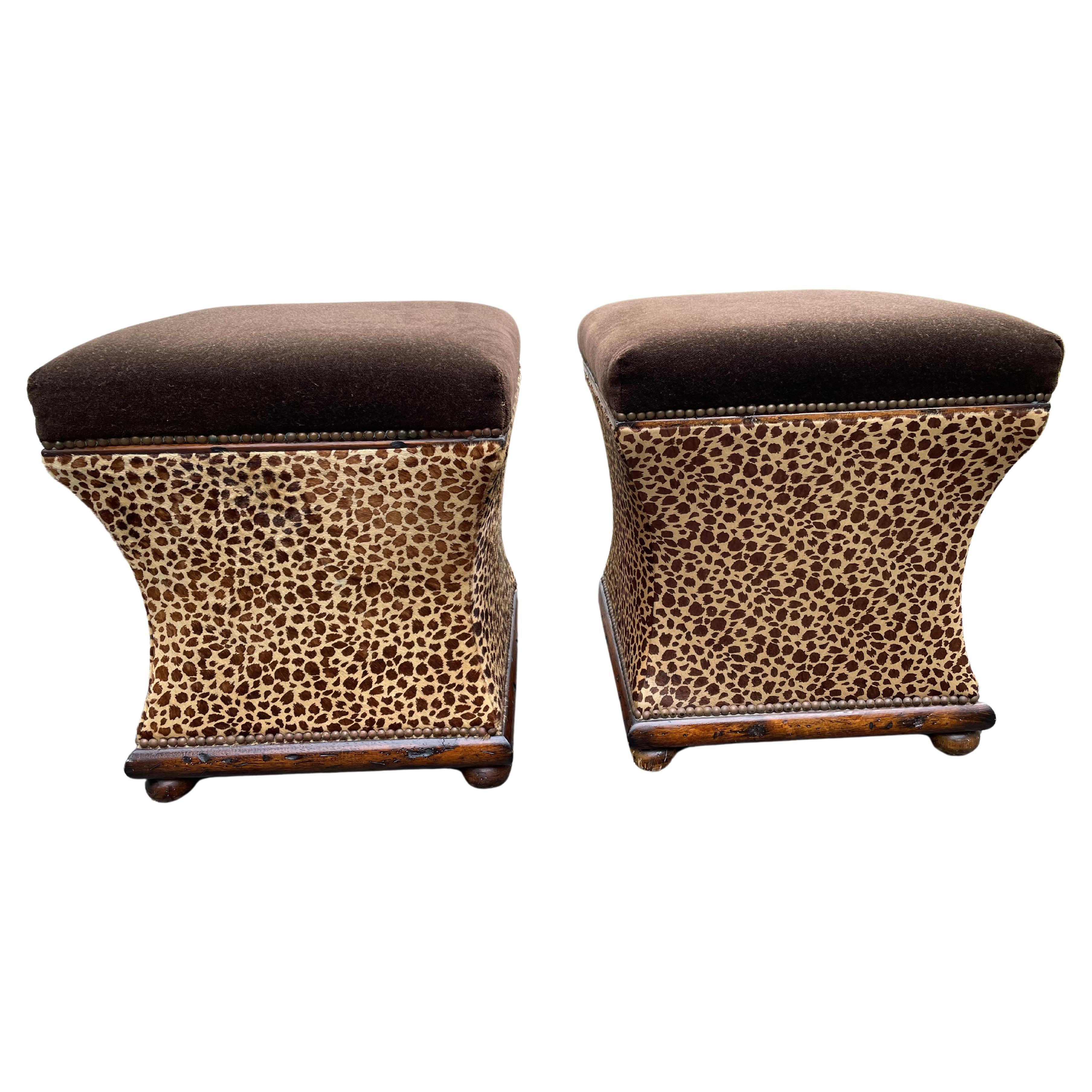 Plush Pair of Animal Print Mohair & Cowhide Upholstered Hourglass Ottomans For Sale