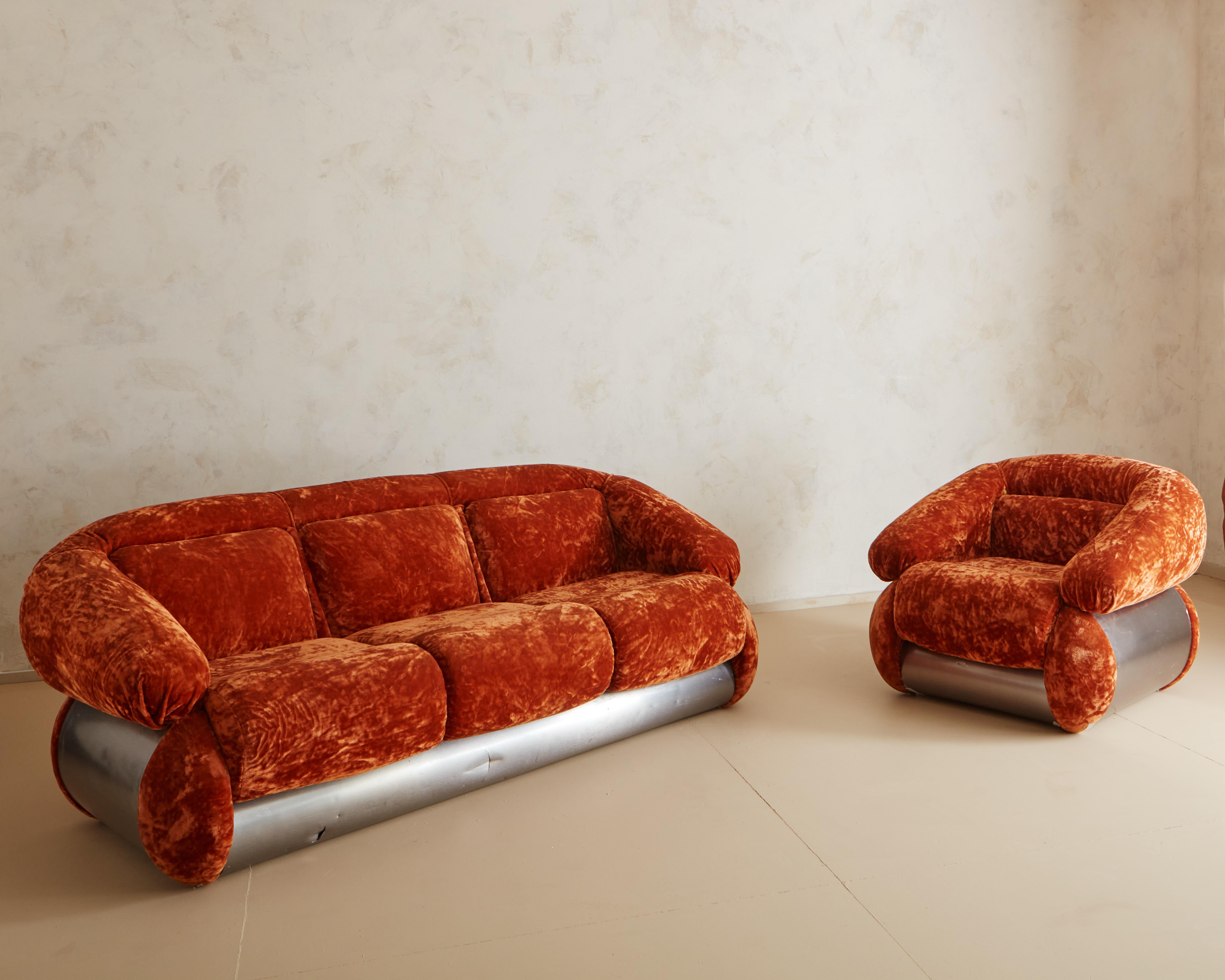 Plush Sculptural Italian Sofa in Crushed Orange Velvet 4