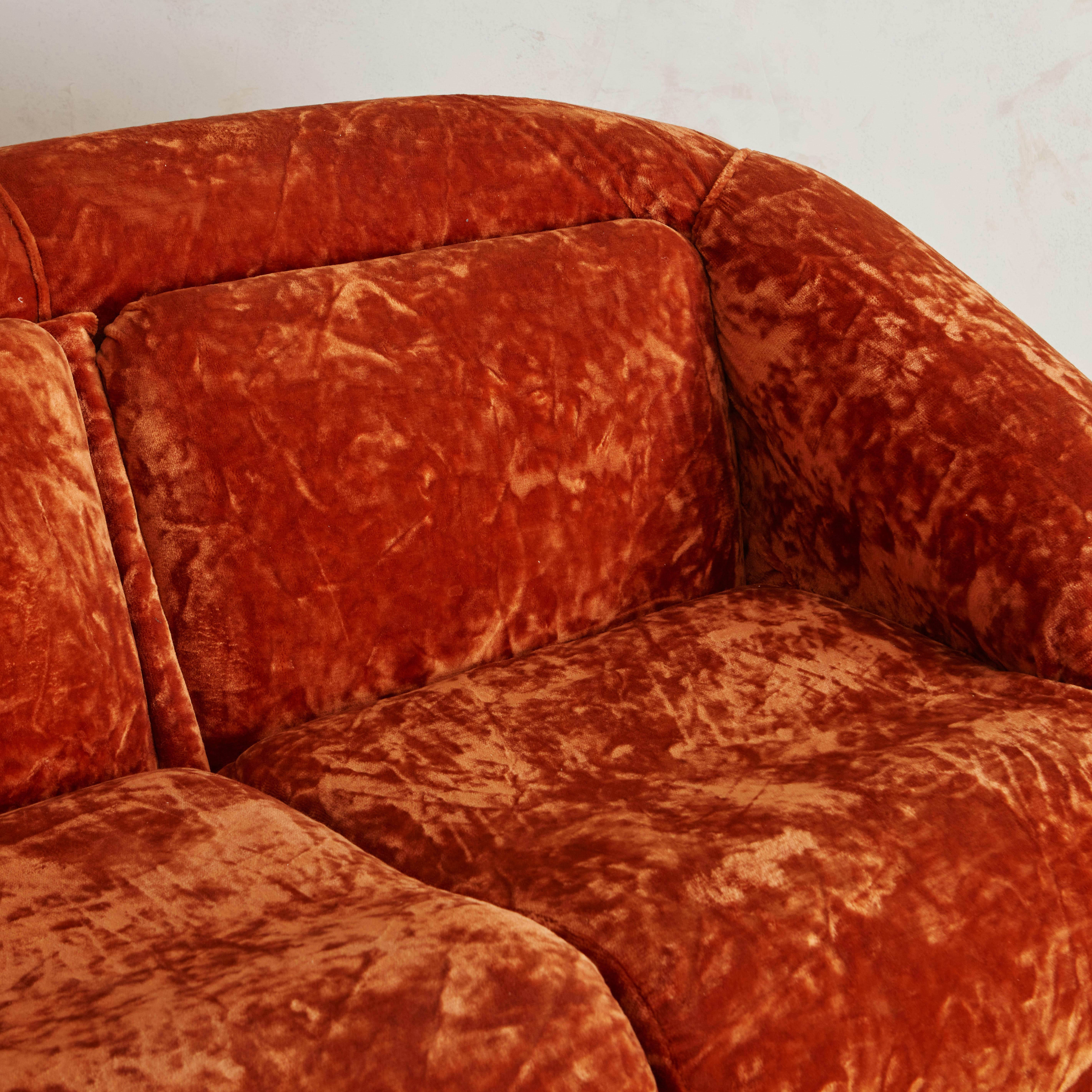 Mid-Century Modern Plush Sculptural Italian Sofa in Crushed Orange Velvet