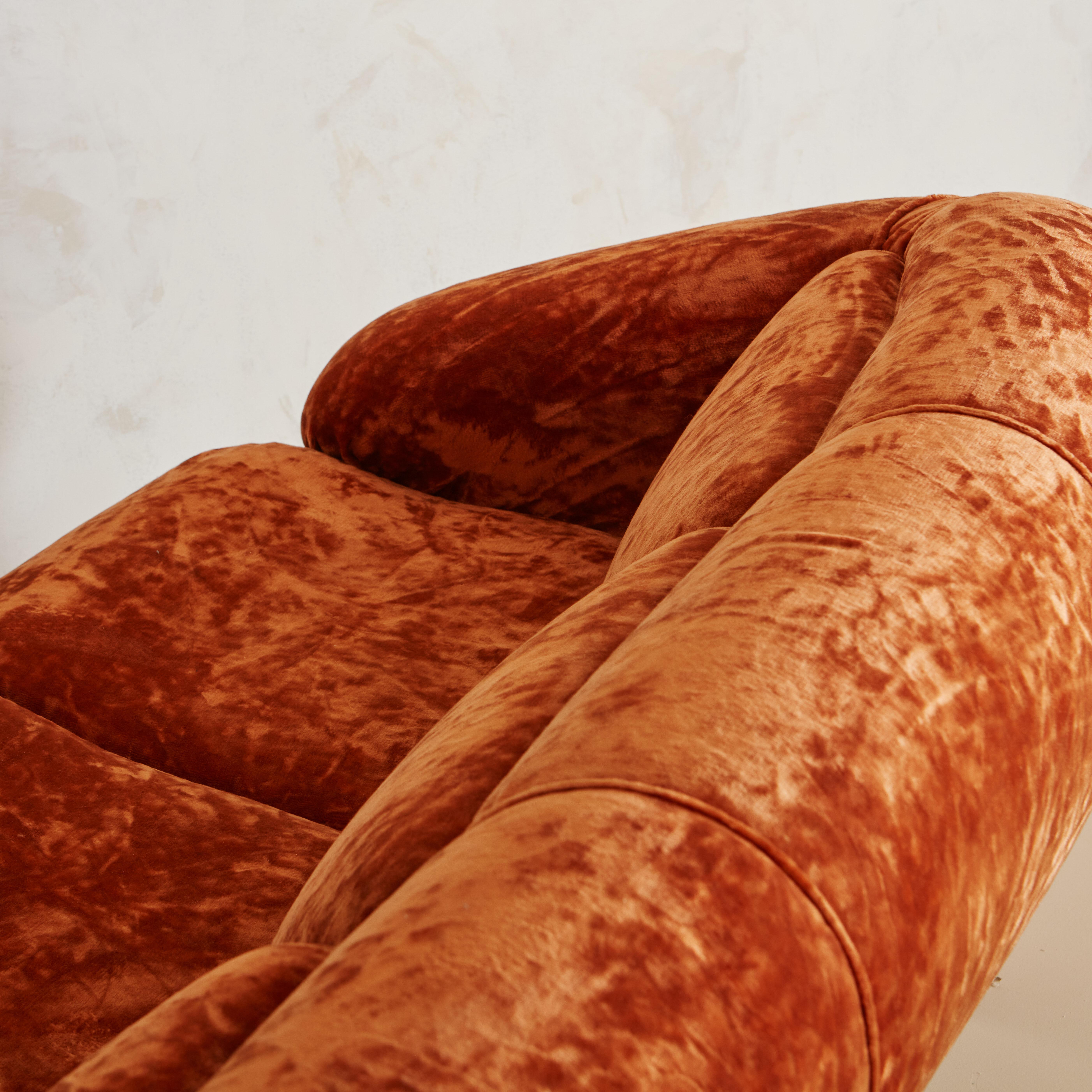 Plush Sculptural Italian Sofa in Crushed Orange Velvet 2
