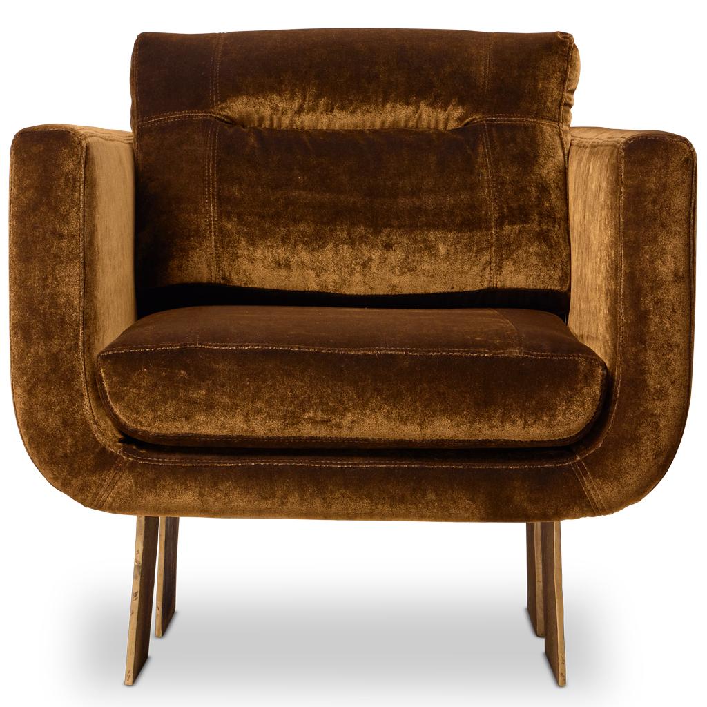 Modern Plush Velvet Primal Statement Lounge Chair, Solid Cast Brass Legs by Egg Designs For Sale