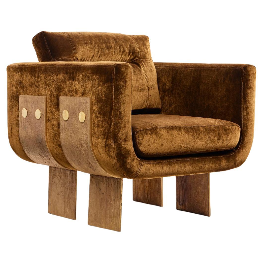 Plush Velvet Primal Statement Lounge Chair, Solid Cast Brass Legs by Egg Designs For Sale