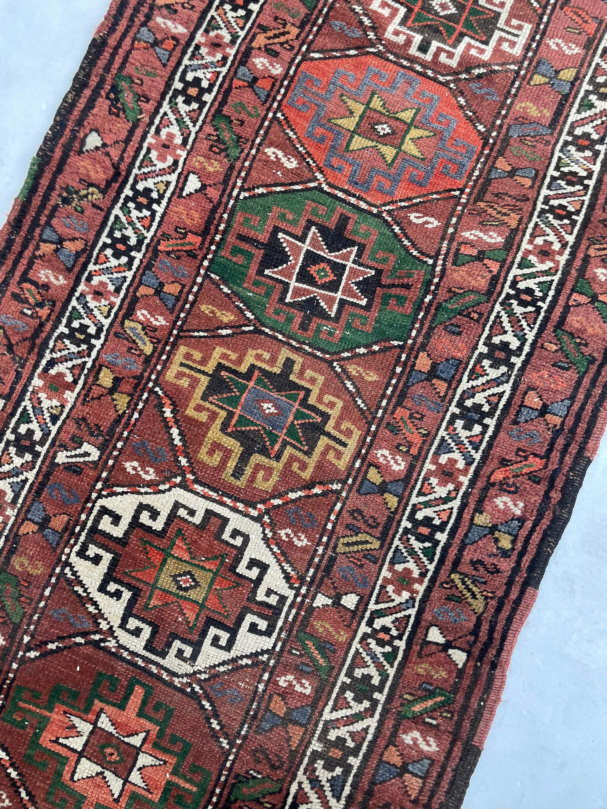 Plush Vintage Runner  Earthy Clay, Terracotta With Incredible Grassy Greens Persimmon, More

About: Magnificent tribal rug with the caucasian design running up the entire rug - these geometric medallion motifs date way back, so it's lovely to see