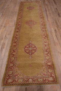 Plush Wool Antique Rug in Lime Brown Field with Red Accents