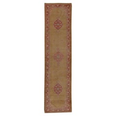 Plush Wool Antique Rug in Lime Brown Field with Red Accents